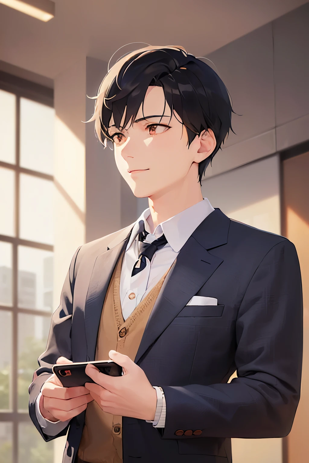 calling, holding a phone, masterpiece、high quality、(looking away:1.5), (A 25-year-old man with short black hair and orange eyes.:1.5)、wearing a suit、(Alone:1.5)、(smiling expression:1.1)、(Only the upper body is shown.:1.3)、The background is an office