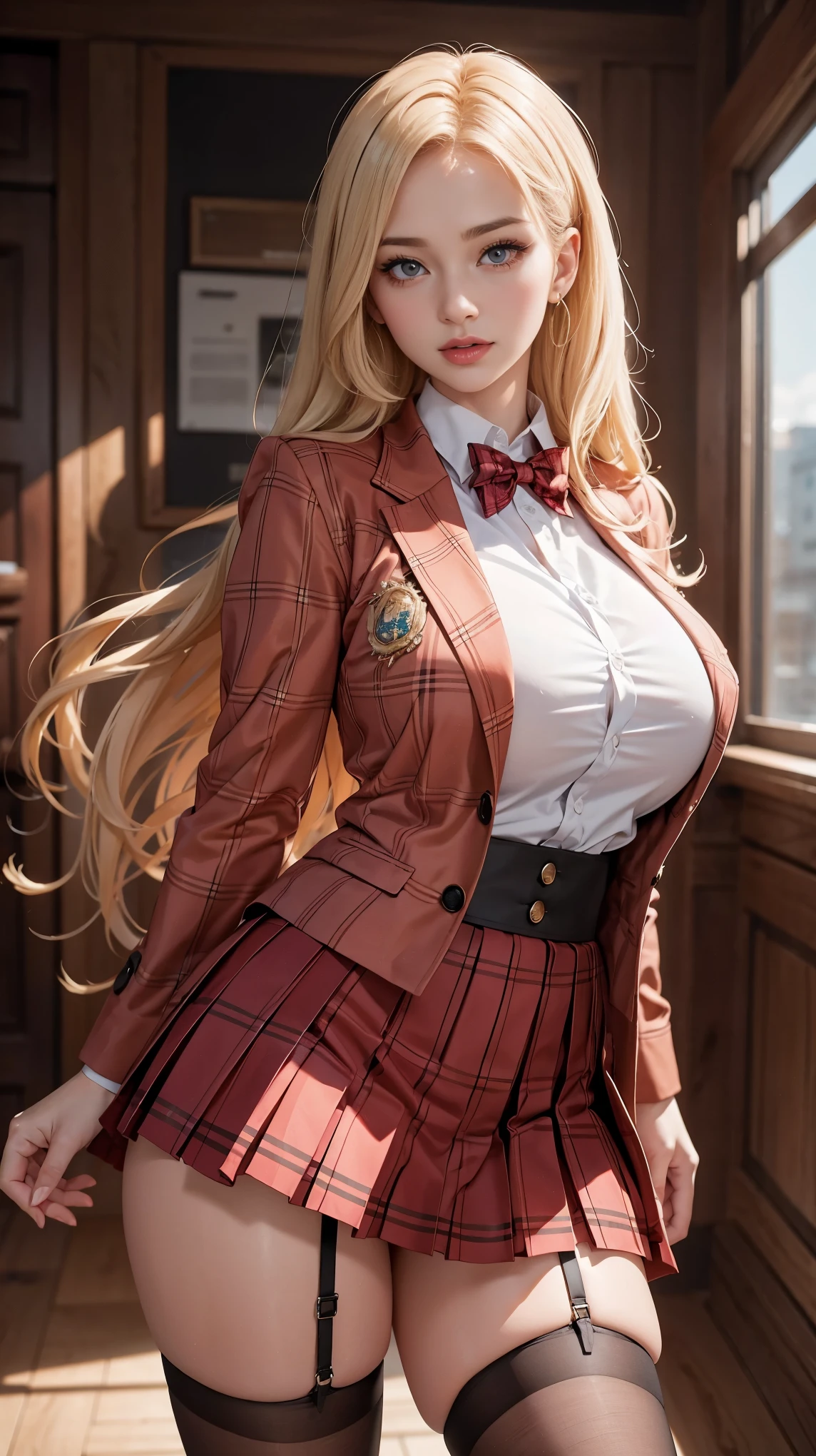 A blonde woman, 32 years old, sports jacket、High school uniform、red plaid skirt、unbuttoned transparent shirt, plaid pleated skirt, JK style、jacket、very sexy、a slight smile、garter belts、Stockings、pantyhose、transcendent beauty、 beautiful shape、double tail hair、Long hair straight hair、age32, Best quality, voluptuous, giant breasts, busty,