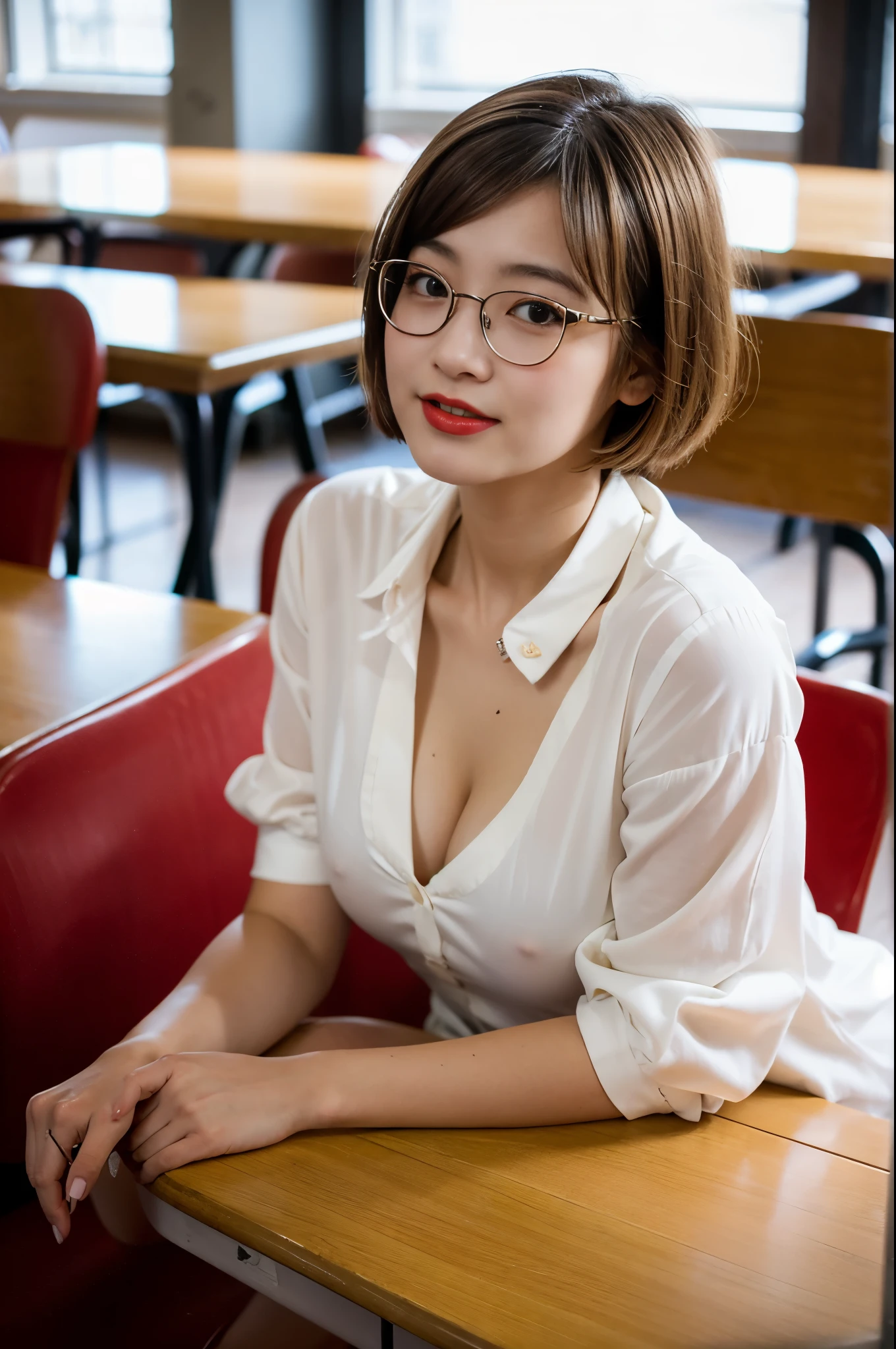 A photo of a young, nerdy woman sitting in a caf, wearing a white shirt and a bow, surrounded by a cozy atmosphere, looking at the viewer.
short hair, slender, red lips, transparent fabric, flirting with the camera, closeups cleavage, adult photo