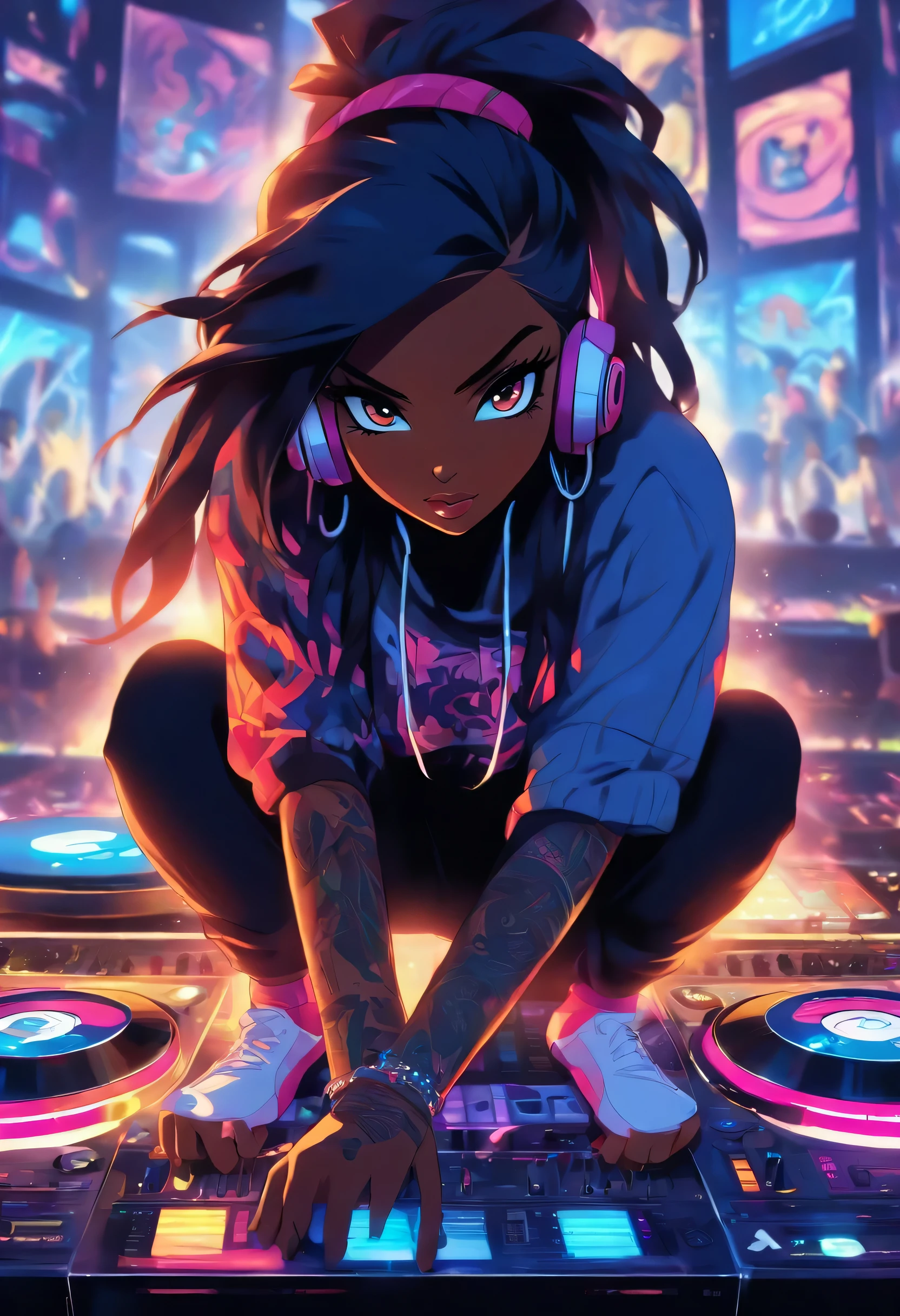 The most beautiful and sexy DJ girl, long black hair in a ponytail, blue eyes, dark skin, wearing headphones, wearing trendy hip hop hoodie, graphic t-shirt and torn skinny jeans, tons of tattoos and piercings, sitting at a highly detailed mixing board turntable, performing in a dance club, highly detailed background, perfect masterpiece, high quality, high resolution