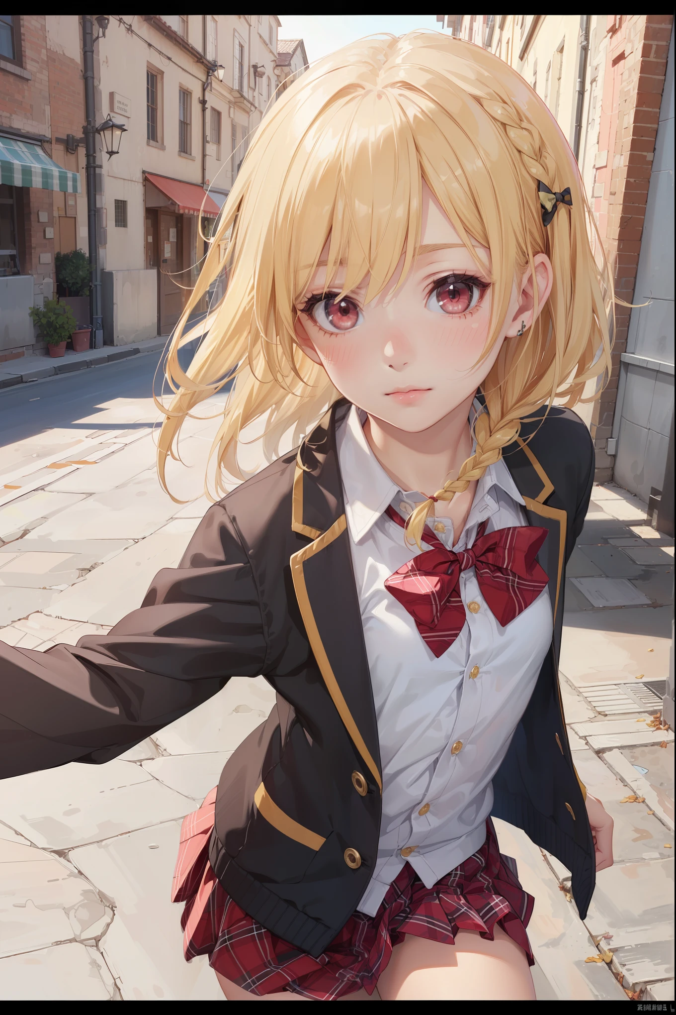 ((Masterpiece, Top Quality, High Resolution, UHD, Perfect Pixel, Depth of Field, 8k, RTX, HDR)), 1 Girl, Single, Solo, Beautiful Anime Girl, Beautiful Art Style, Rustic Anime Character, ((One Legs Bob, Medium Hair, Bangs, Blonde Hair Braids: 0 .5))), ((Deep Red Deep Red Color Eyes: 1.4, Round Eyes, Beautiful Eyelashes, Realistic Eyes)), ((Detailed Face, Blush: 1.2)), ((Smooth Texture: 0.75, Realistic Texture: 0.65, Photo Realistic: 1.1, Anime CG Style)), Dynamic Angle, Perfect Body, (( Portrait, framed)), ((green and yellow starched bow tie, uniform, black jacket, open jacket, deep red cardigan, white shirt, black skirt, plaid skirt)), mocking, mocking, small, small raspberry, cute, very cute raspberry, Really ridiculously cute and adorable little raspberry.
