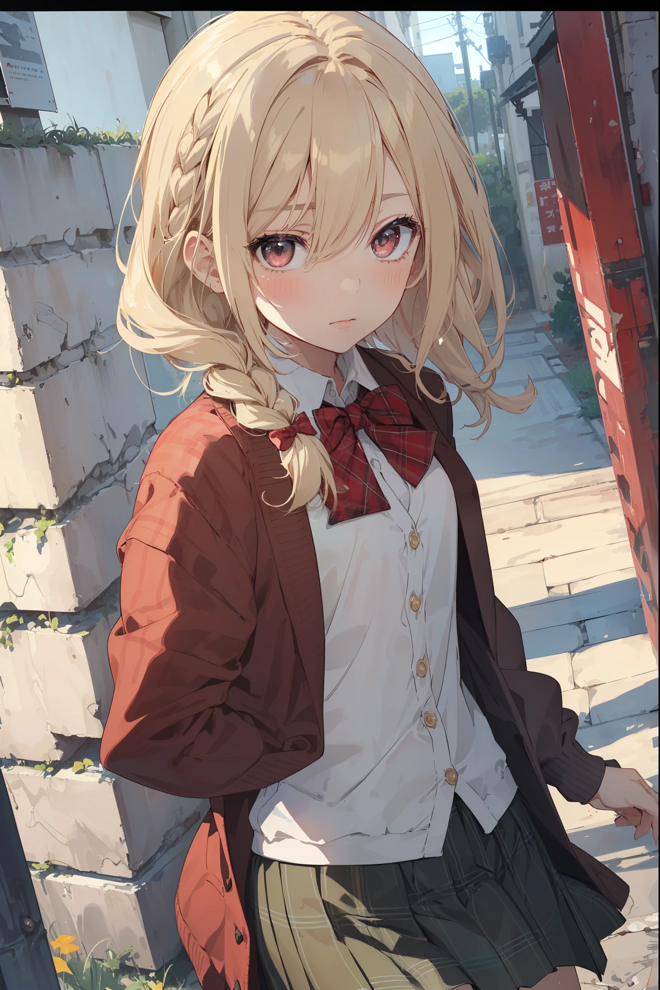 ((Masterpiece, Top Quality, High Resolution, UHD, Perfect Pixel, Depth of Field, 8k, RTX, HDR)), 1 Girl, Single, Solo, Beautiful Anime Girl, Beautiful Art Style, Rustic Anime Character, ((One Legs Bob, Medium Hair, Bangs, Blonde Hair Braids: 0 .5))), ((Deep Red Deep Red Color Eyes: 1.4, Round Eyes, Beautiful Eyelashes, Realistic Eyes)), ((Detailed Face, Blush: 1.2)), ((Smooth Texture: 0.75, Realistic Texture: 0.65, Photo Realistic: 1.1, Anime CG Style)), Dynamic Angle, Perfect Body, (( Portrait, framed)), ((green and yellow starched bow tie, uniform, black jacket, open jacket, deep red cardigan, white shirt, black skirt, plaid skirt)), mocking, mocking, small, small raspberry, cute, very cute raspberry, Really ridiculously cute and adorable little raspberry.