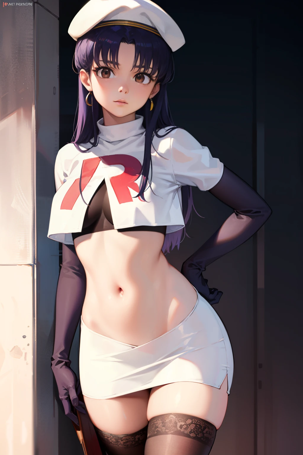 misatokatsuragi, misato katsuragi, long hair, (brown eyes:1.5), blue hair, (purple hair:1.2),
BREAK hat, jewelry, earrings, beret, red headwear, team rocket,team rocket uniform,white skirt,crop top,black thigh-highs,black elbow gloves
BREAK looking at viewer, (cowboy shot:1.5),
BREAK (masterpiece:1.2), best quality, high resolution, unity 8k wallpaper, (illustration:0.8), (beautiful detailed eyes:1.6), extremely detailed face, perfect lighting, extremely detailed CG, (perfect hands, perfect anatomy),