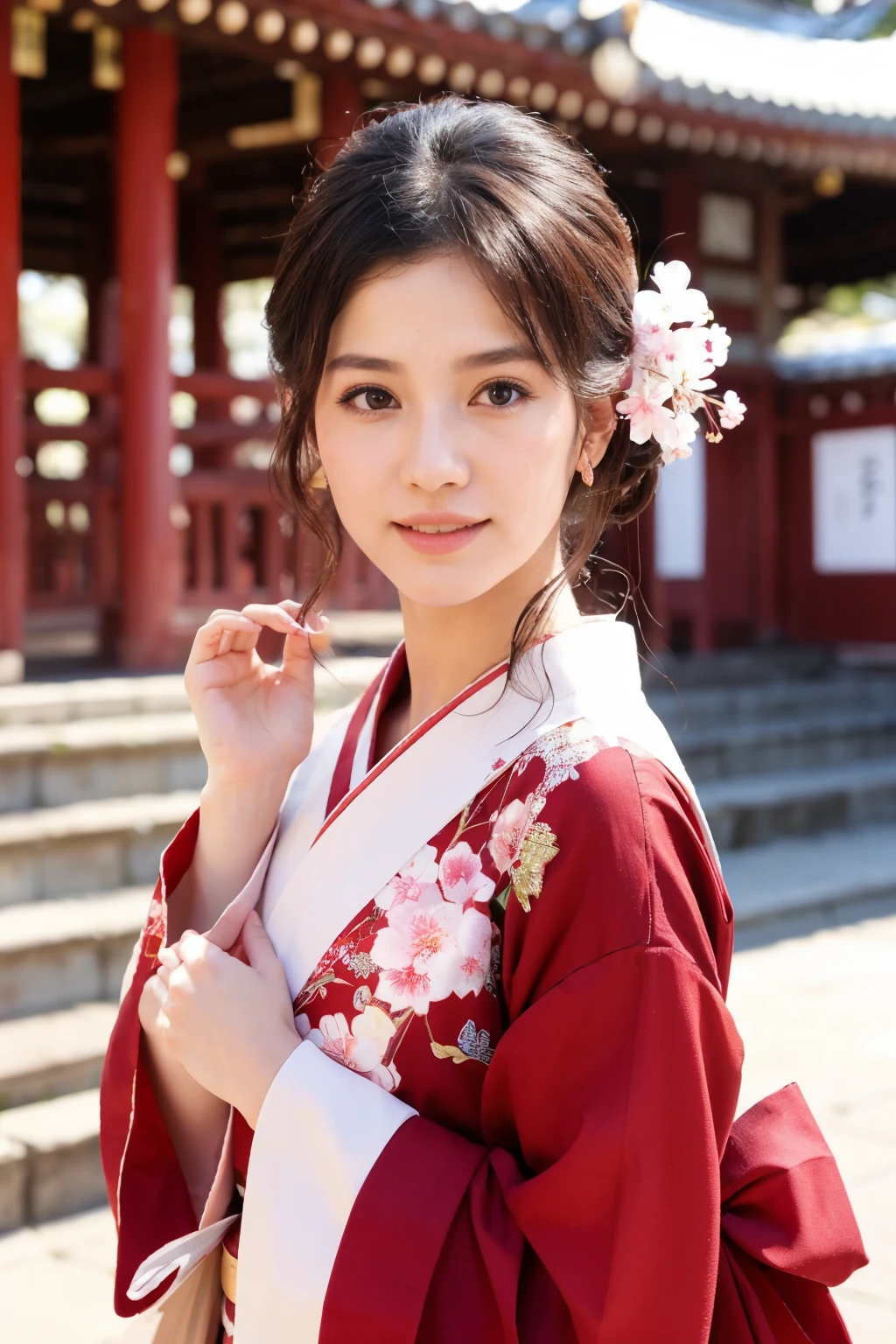 ((highest quality)), ((masterpiece)),, perfect face woman Japanese kimono The background is a temple with dancing cherry blossoms