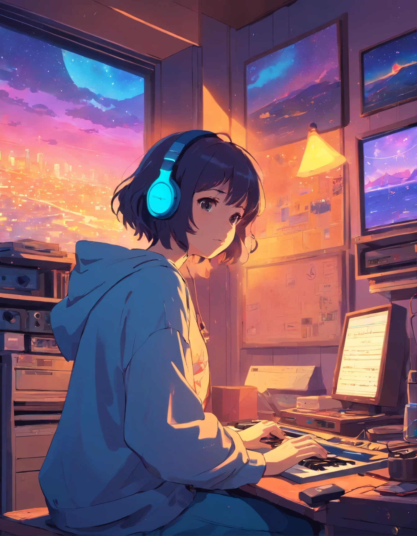 European Hippie Girl meditating in her room, dreaming, Wear headphones, night lights, Neon landscape on a rainy day, Analog Color Theme, Lo-Fi Hip Hop , retrospective, flat, 2.5D ,Draw a line, Ink Drawing, Large slope, Watercolor painting, Goosch Colors, Studio Ghibli Style, Awesome colorful, Outer Ton, krautrock, lofi art, 70s style,Old texture, amplitude,psychedelic vibe, masterpiece, Tremendous technology,
