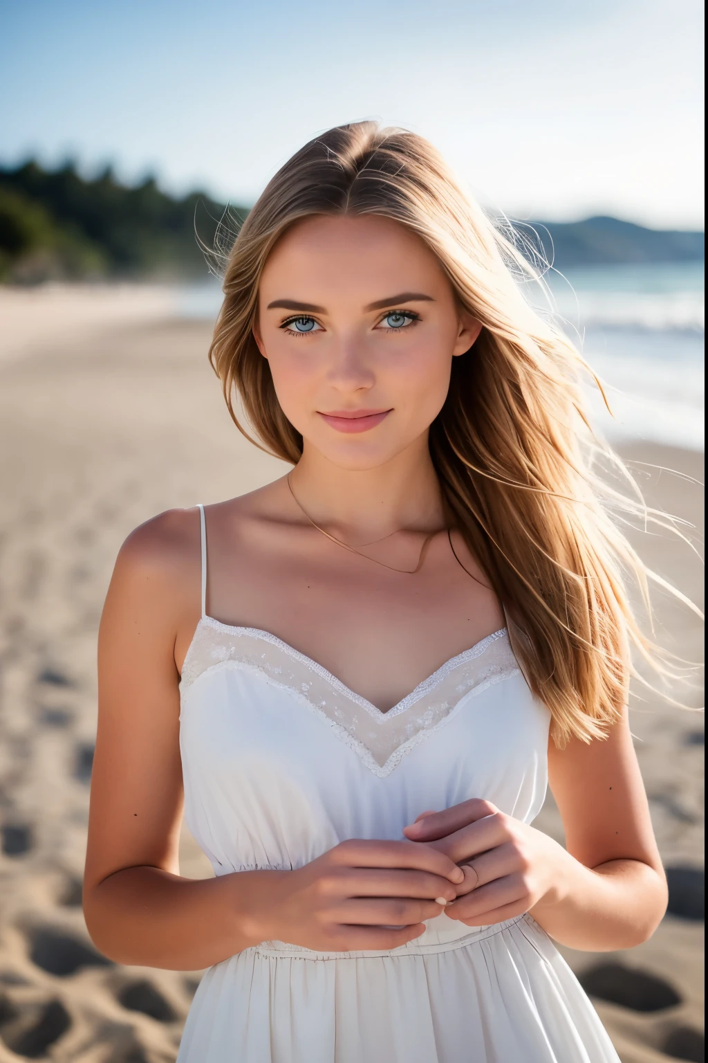 photo réaliste, a photo réaliste of  18yo girl wearing a dress, cheveux blond, plage,  (1fille), (fond d&#39;écran CG Unity 8k extrêmement détaillé), photo des plus belles œuvres d&#39;art du monde, professionnel majestueux (photographie de Steve McCurry), 8k euh, reflex numérique, Éclairage doux, Haute qualité, grain de film, Mise au point nette du Fujifilm XT3, f5.6, détail élevé, Netteté, spectaculaire, (Regarder la visionneuse:1.2), (élèves détaillés:1.3), (lumière naturelle),