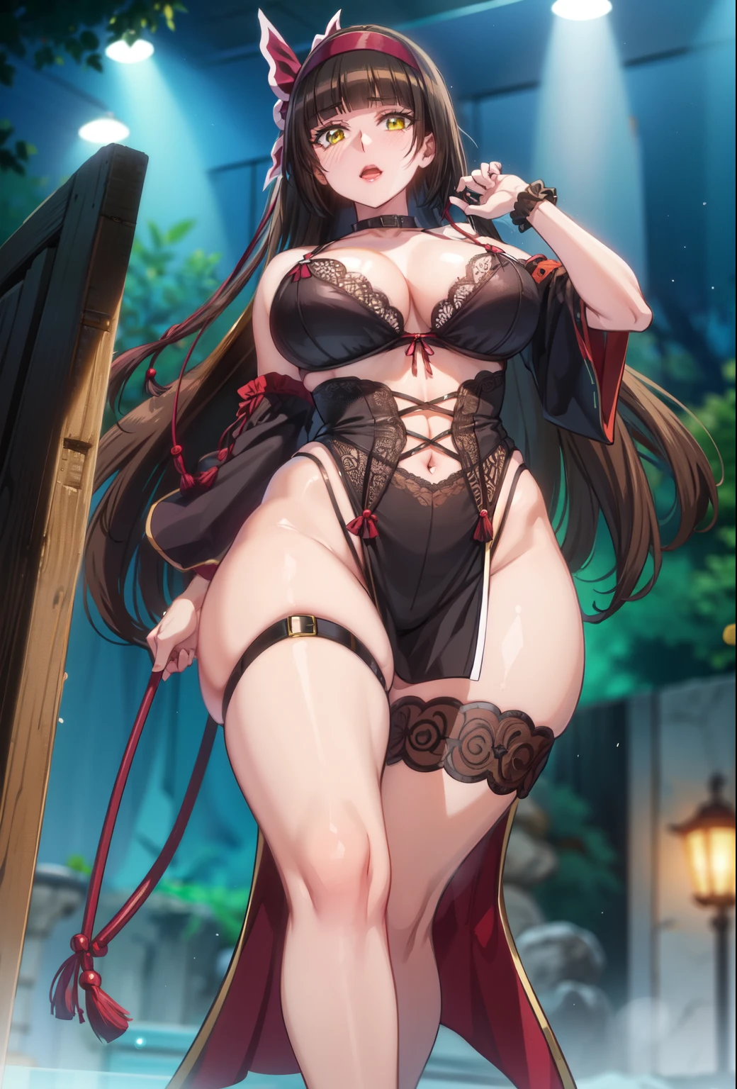 (Masterpiece, High Quality, Top quality, High-Detailed, Detailed CG, Cinematic Lighting, Cinematic Scene, Beautiful Detailed Eyes, Ultra Resolution), (Full Body View), (Full Body Shot), (Erotic Suggestiveness:1.5), Looking At The Audience, ((Erotic Expression:1.0)), NSFW, Beautiful, Yellow eye, Black Hair, Good Composition, (Bare shoulders), Thicc Thighs, Thick, Large Breasts, (Lingerie:1.5), (Erotic Lingerie:1.0), Wearing Lingerie, Black Lingerie, Sexy Lingerie, Body drip with Oil, Body drench with Liquid, Hairband, Hair Bow, Spider Pattern Lingerie, In Japanese Shrines