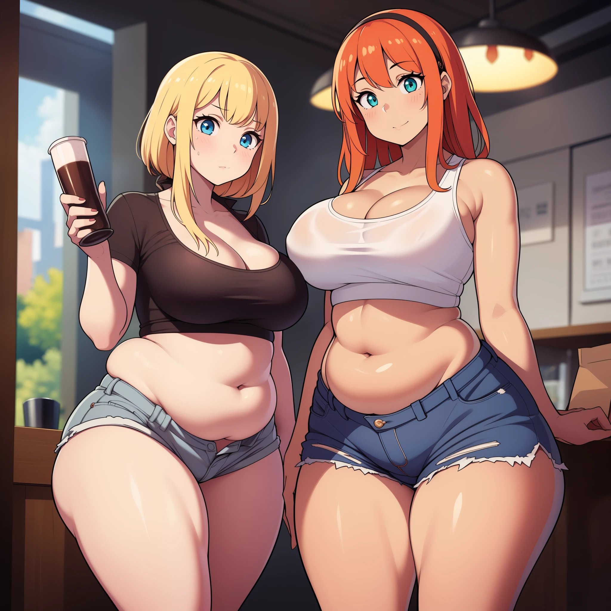 ((highres)), Masterpiece, high quality, best quality, beautiful, perfect lighting, detailed face, ultra cute face, ((2girls)), one girl has blonde hair, blue eyes, crop top and shorts, skindentation, one girl has orange hair, green eyes, jeans, white shirt, fast food restaurant, medium breasts, cleavage, perky breasts, ((wide hips)), (thick thighs), (chubby), chubby belly, belly hang, standing next to each other,