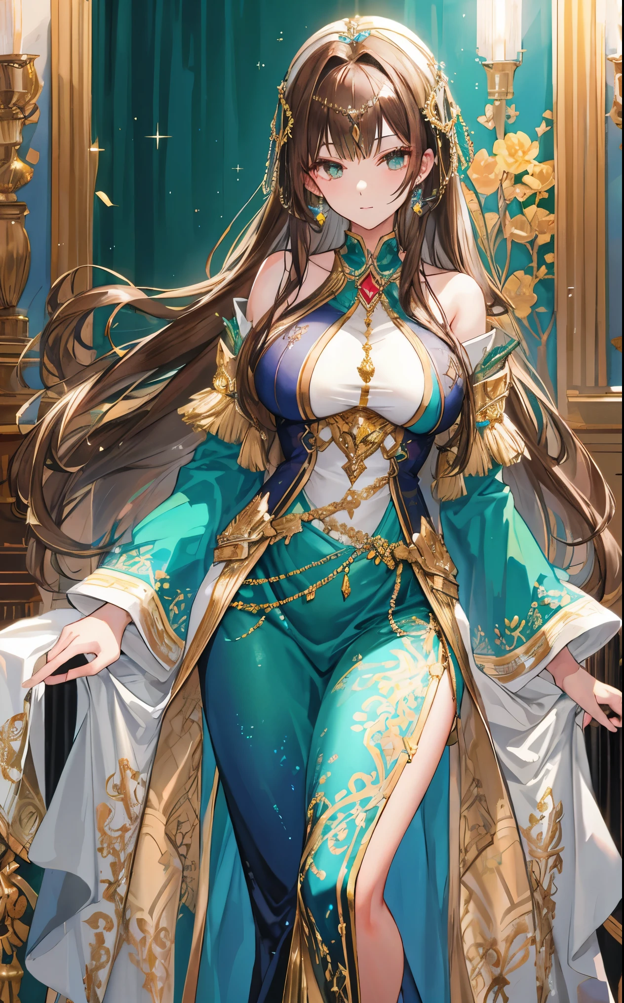 Very stunning shiny brown hair,Covered in gold and silver jewels inlaid on blue and green clothes