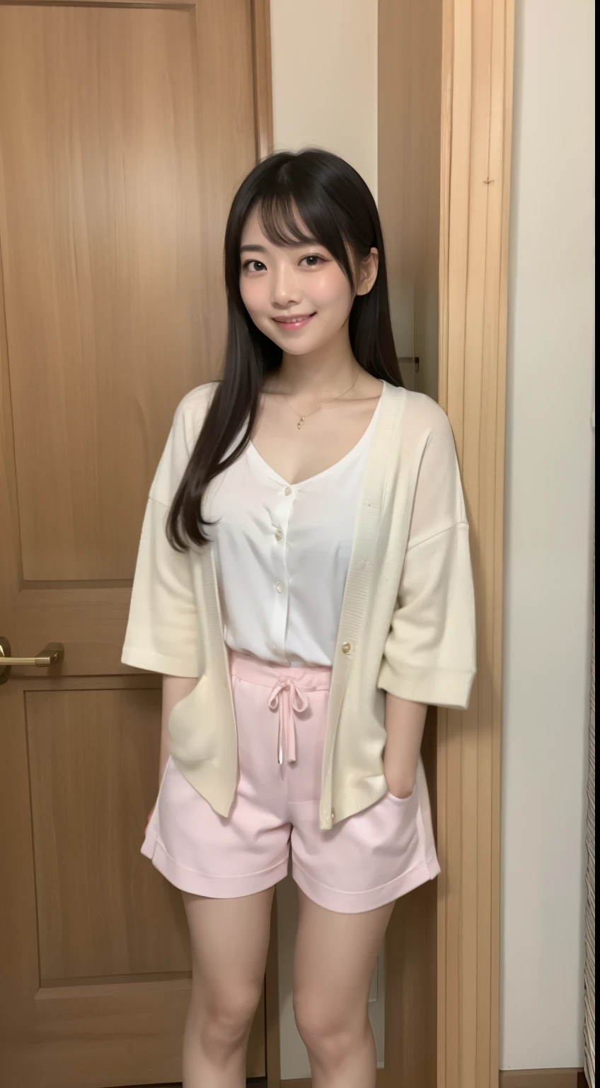 High resolution、best image quality、High level image quality、highest quality、In 8K、real live action、realistic、Raw photo、masterpiece、full body shot、realistic background、apartament、beautiful japanese girl、japanese woman、(Kamimei:1.2)、(look at the camera:1.2)、(shy smile:1.1)、(My cheeks turned red:1.3)、white shirt、cardigan、white shorts、pink slippers、Stand at the front door、