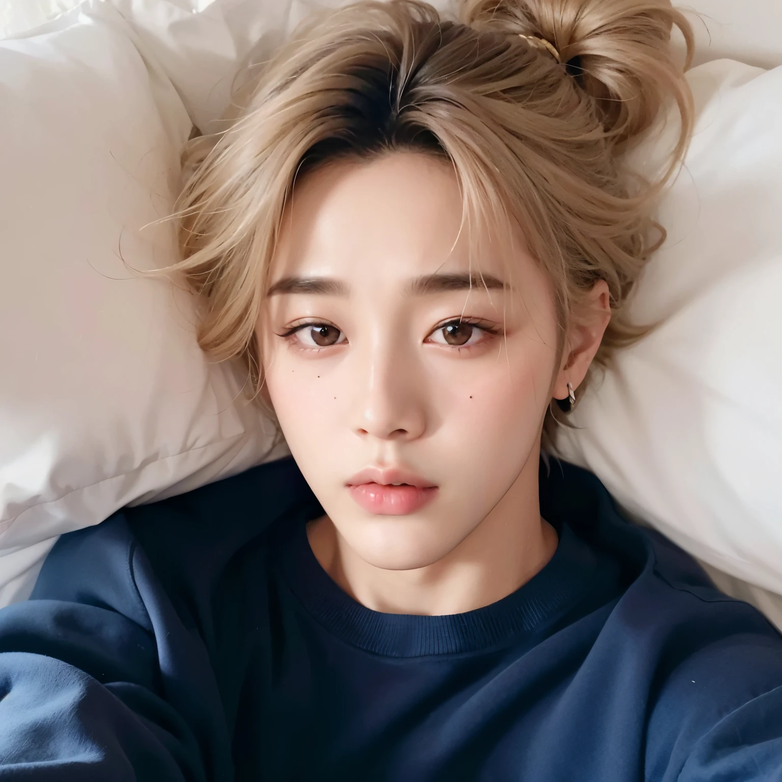 Arafed Mujer acostada en una cama con una almohada y una almohada, Jimin\los labios carnosos, Jimin\his right eyelid is swollen, accurate Jimin face, park Jimin, Jimin, Jimin\la nariz griega, pale korean adorable face, Jung Jaehyun, Con pelo corto, cai xukun, small heart shaped face, Jinyoung Shin, TaeJune Kim
