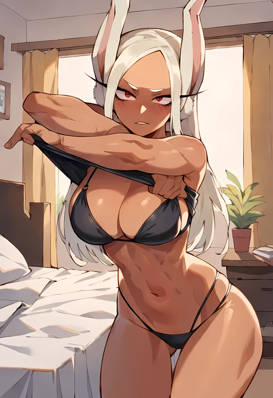 score_9, score_8_up, score_7_up, score_6_up, score_5_up, score_4_up, NSFW, Partial Nudity, (mirko:0.8), detailed eyes, bright red eyes, emotive face, blushing, Big Anime breasts, (undressing:0.8), 2d Body, lean, normal body, My Hero Academia Anime Style, bedroom, Cell Shaded, black bikini,