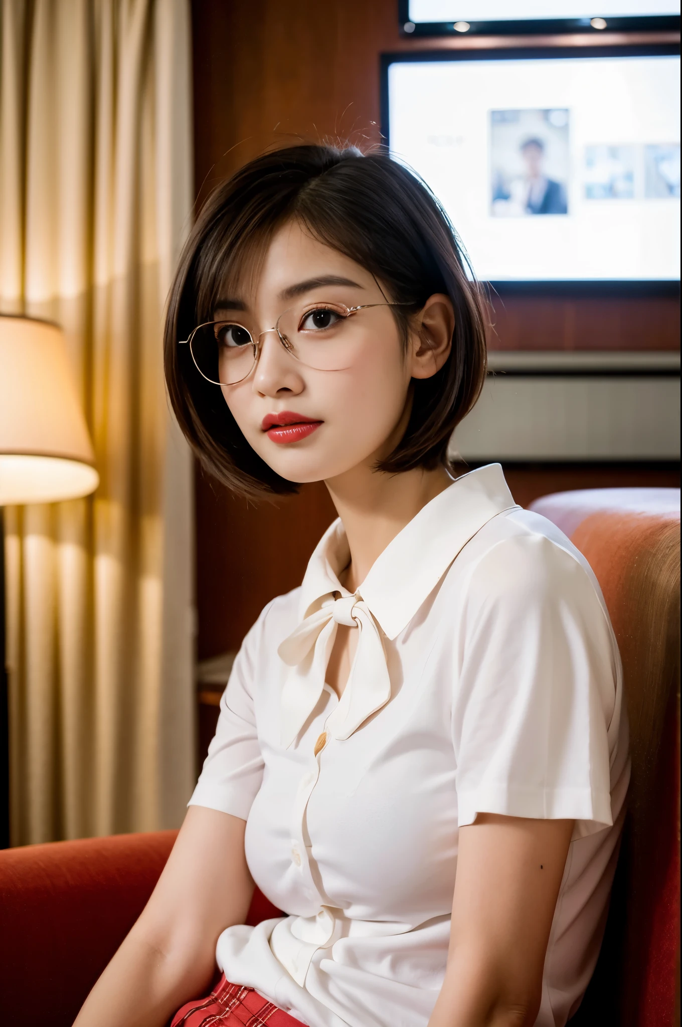 A photo of a young, nerdy woman sitting in a hotel lobby, wearing a white shirt and a bow, surrounded by a cozy atmosphere, looking at the viewer.
short hair, slender, red lips, transparent fabric, flirting with the camera, closeups cleavage, adult photo