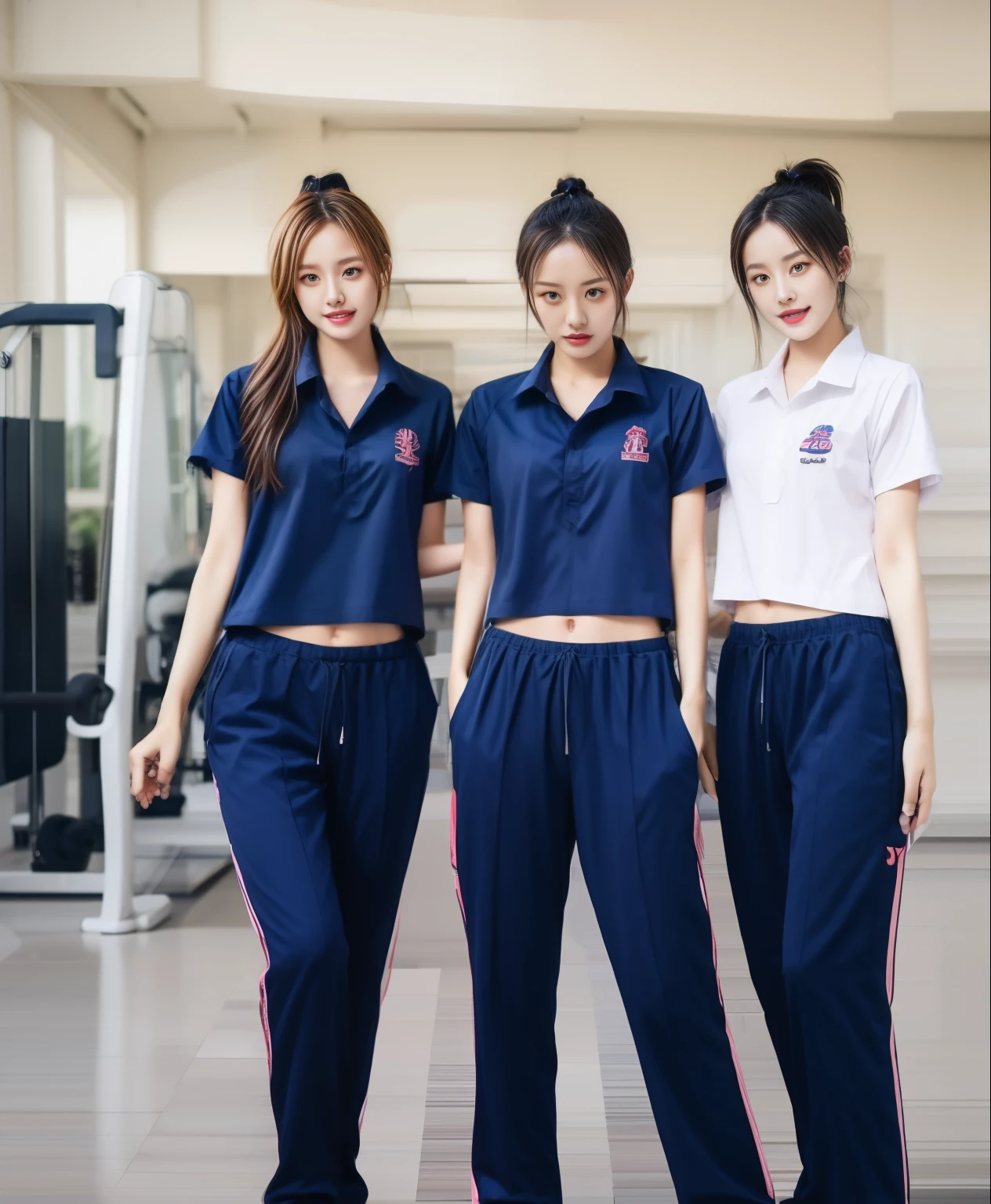 3 girls in fitness center, Navy blue short-sleeved shirt,Navy Long Trackpant,Sweatpants, Sweatpantsขายาว,25 year old girl, lesbian, sexy, exercise clothes, wet body, exercise clothes