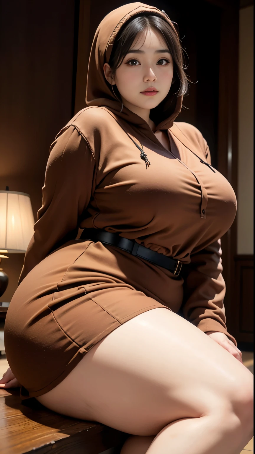 there is a woman sitting down with a longest brown hair, bbwchan, thicc, brown hijab outfit, brown hairstyle model, korean girl, korean woman, wearing brown robe, full length shot, alluring plus sized model, japanese goddess, clothed in hooded, voluptuous and arousing, portrait shot, curvy model, voluptuous body, wonderful, nene tanaka body , bbwchan, The overall atmosphere is smooth , haunting illustrations, extremely high-resolution details, photographic, realism pushed to extreme, fine texture, 4k, ultra-detailed, high quality, high contrast, red sneakers , cold atmosphere ,,