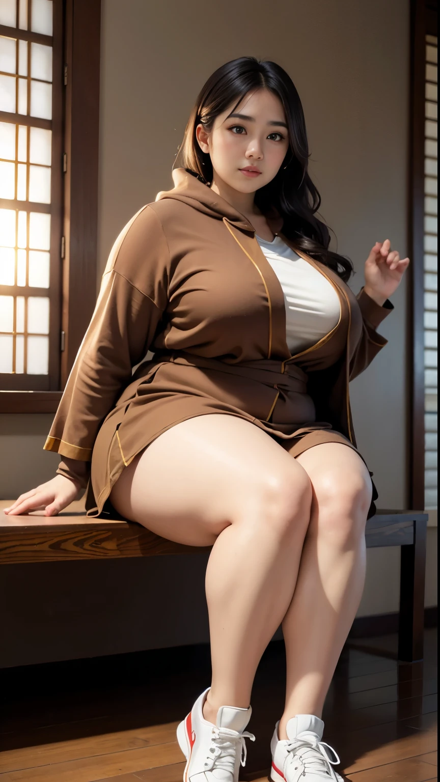 there is a woman sitting down with a longest brown hair, bbwchan, thicc, brown hijab outfit, brown hairstyle model, korean girl, korean woman, wearing brown robe, full length shot, alluring plus sized model, japanese goddess, clothed in hooded, voluptuous and arousing, portrait shot, curvy model, voluptuous body, wonderful, nene tanaka body , bbwchan, The overall atmosphere is smooth , haunting illustrations, extremely high-resolution details, photographic, realism pushed to extreme, fine texture, 4k, ultra-detailed, high quality, high contrast, red sneakers , cold atmosphere ,,