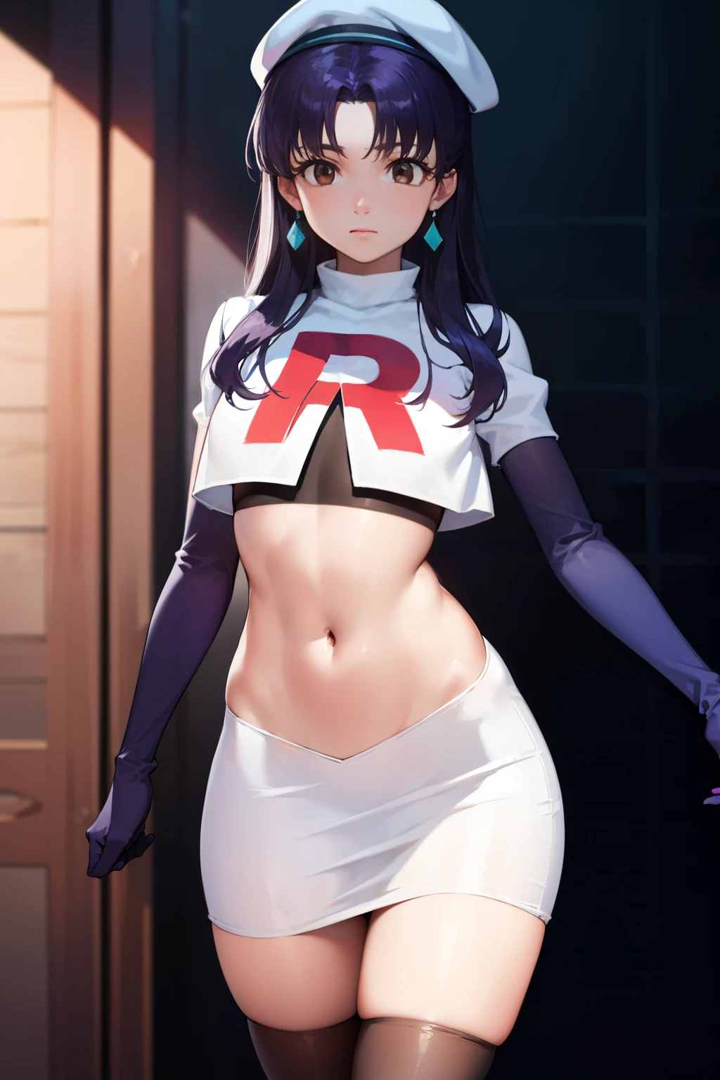 misatokatsuragi, misato katsuragi, long hair, (brown eyes:1.5), blue hair, (purple hair:1.2),
BREAK hat, jewelry, earrings, beret, red headwear, team rocket,team rocket uniform,white skirt,crop top,black thigh-highs,black elbow gloves
BREAK looking at viewer, (cowboy shot:1.5),
BREAK (masterpiece:1.2), best quality, high resolution, unity 8k wallpaper, (illustration:0.8), (beautiful detailed eyes:1.6), extremely detailed face, perfect lighting, extremely detailed CG, (perfect hands, perfect anatomy),