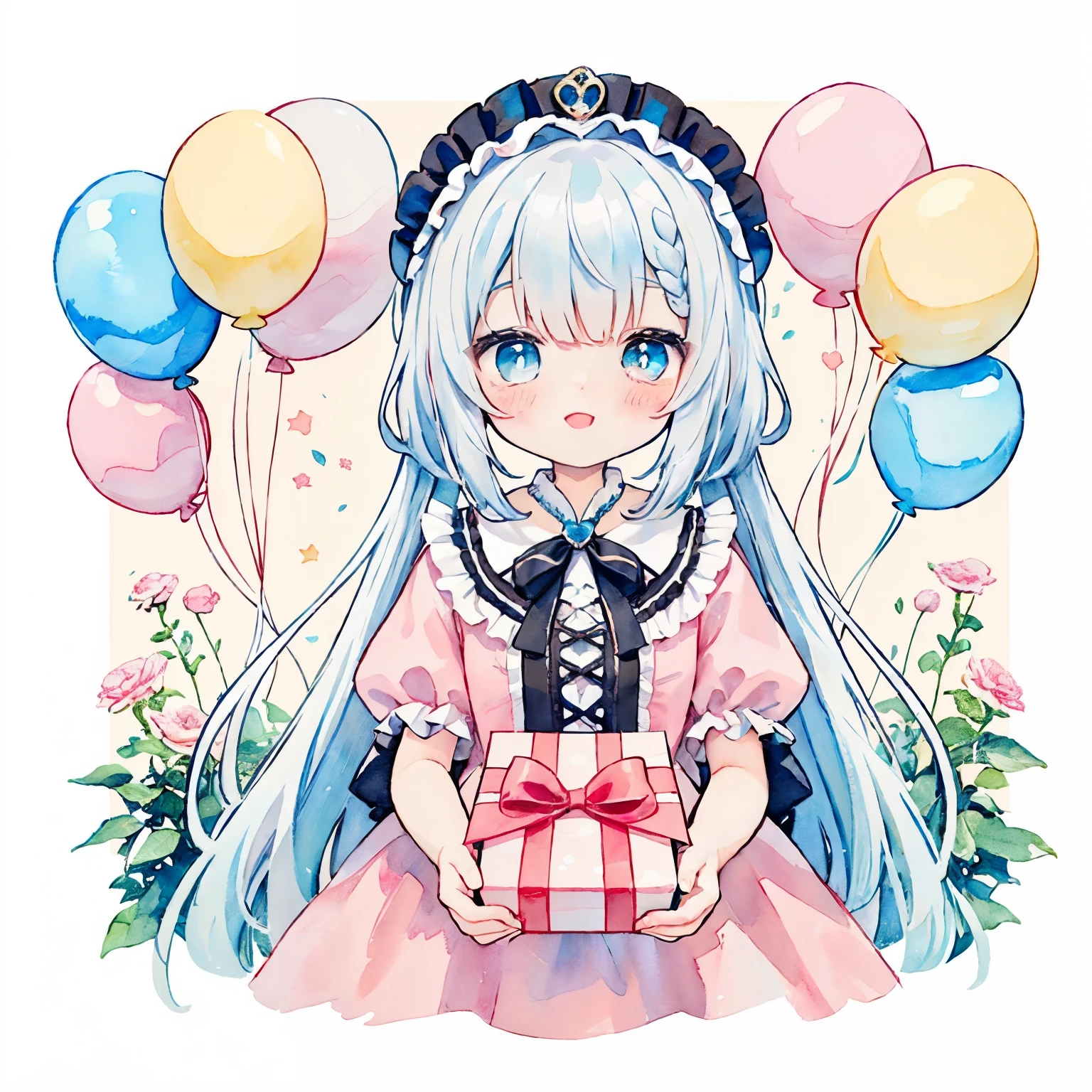 (top-quality、8K、32K、masterpiece、nffsw:1.2)、Photo of a silver-haired blue-eyed woman with a cute smile、birthday party、Present Box、Lots of balloons、hair adornments、pink there、赤ずきん:1.3,
((Single braid:2))、、Gothic & Lolita、rococo fashion、Victorian costume、Background is Europe、(PastelColors:1.3)、(Cute illustration:1.3)、(watercolor paiting:1.1)、1girl in:1.3、Senior fairy laughing in bouquet of flowers、Fairy feathers:1.3
