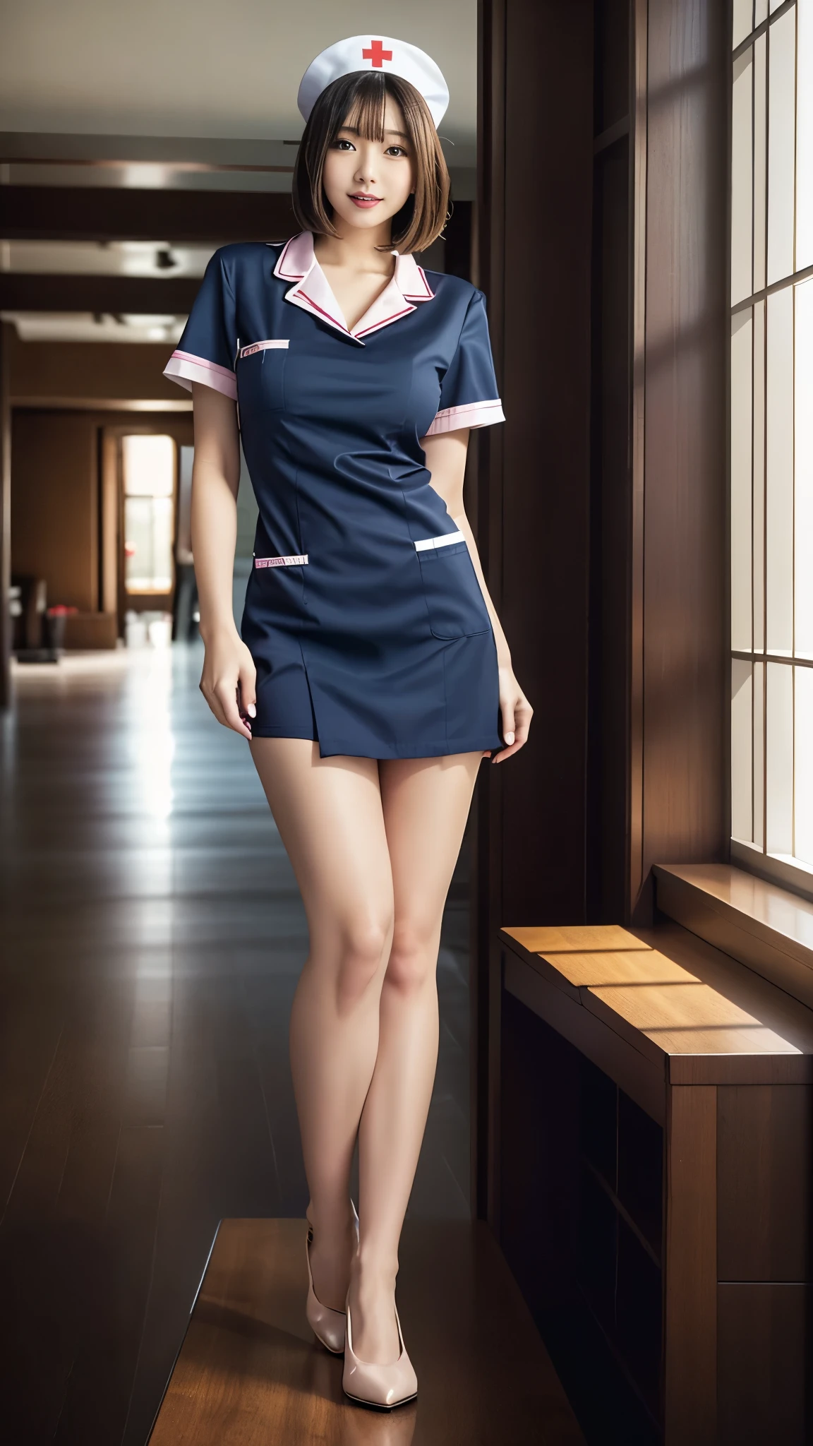 (NSFW:0.9), 1 girl,nurse，25 year old beautiful woman，alone, Hospital corridor，Best Smile, small breasts, white trench coat nurse uniform，open clothes, slender body shape，small pink lace bra:1.5，small pink lace panties:1.5，Fancy makeup with red eyeshadow，Brown short cut with side waves，