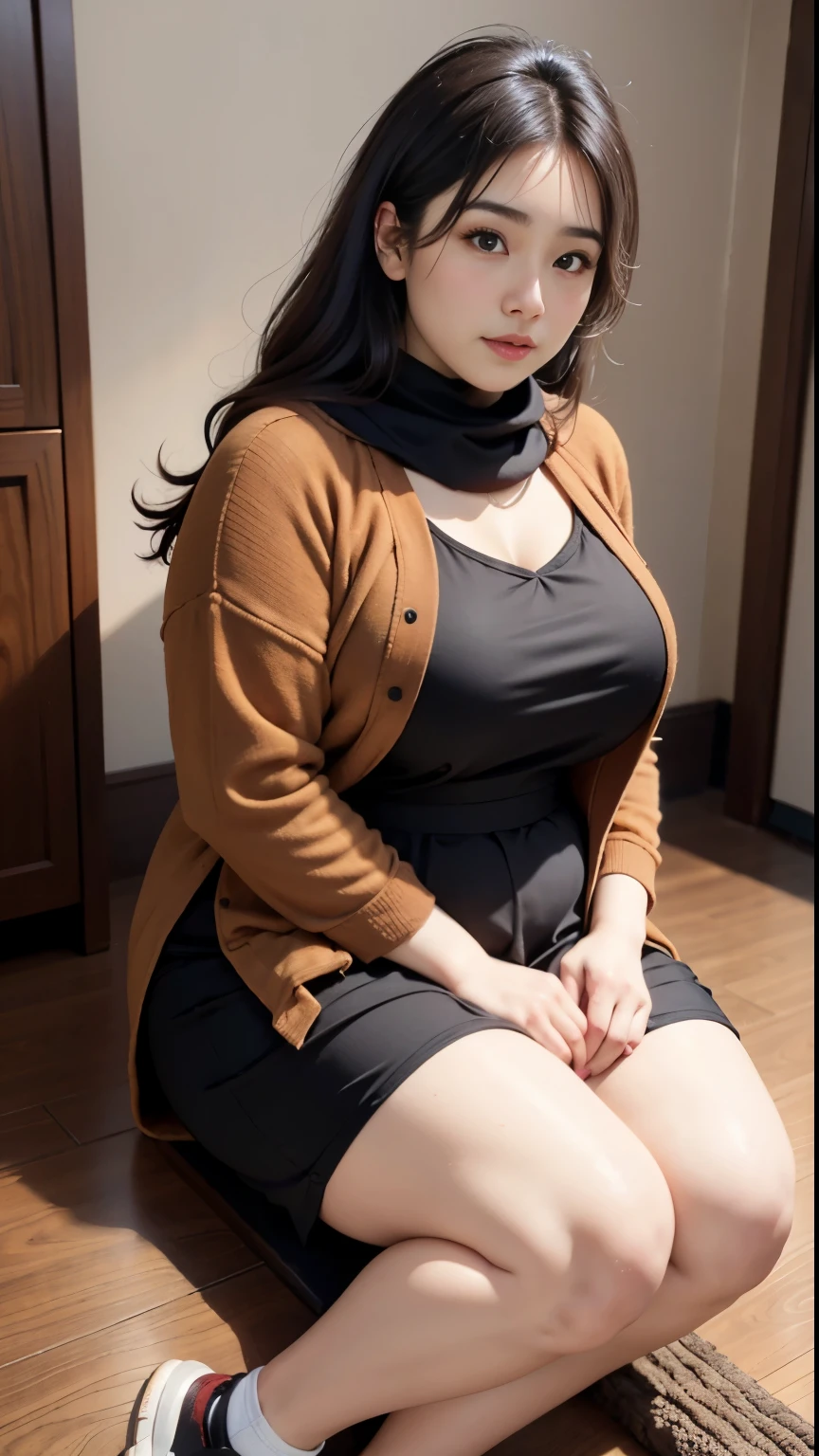 there is a woman sitting down with a longest brown hair, bbwchan, thicc, brown hijab outfit, brown hairstyle model, korean girl, korean woman, wearing brown robe, full length shot, alluring plus sized model, japanese goddess, clothed in hooded, voluptuous and arousing, portrait shot, curvy model, voluptuous body, wonderful, nene tanaka body , bbwchan, The overall atmosphere is smooth , haunting illustrations, extremely high-resolution details, photographic, realism pushed to extreme, fine texture, 4k, ultra-detailed, high quality, high contrast, red sneakers , cold atmosphere ,,