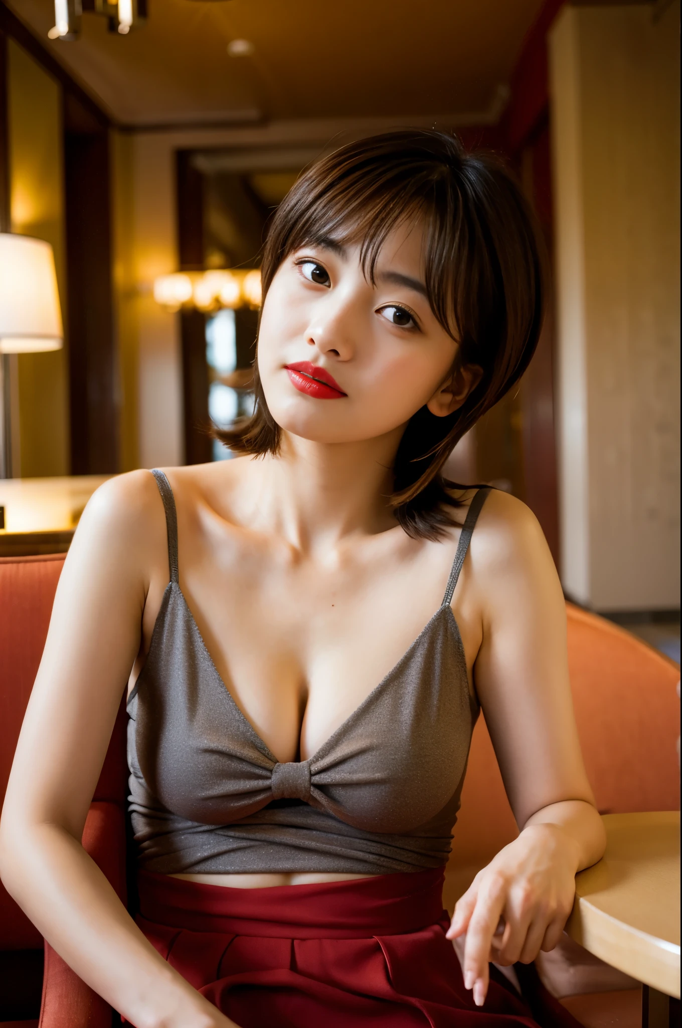 A photo of a young, nerdy woman sitting in a hotel lobby, wearing a random shirt and a bow, surrounded by a cozy atmosphere, looking at the viewer.
short hair, slender, red lips, transparent fabric, flirting with the camera, closeups cleavage, adult photo