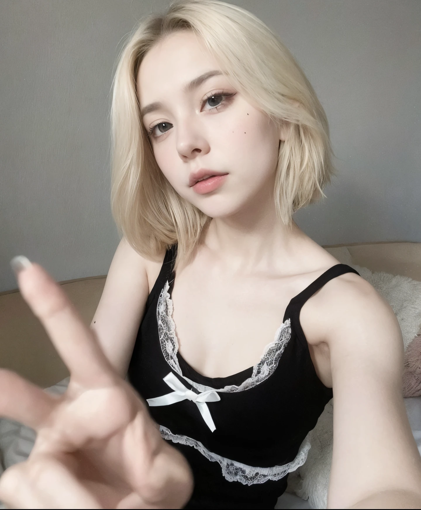 Lisa in a black blouse making a sign with her hand, goth girl, inspirado em Lisa do Black pink, estilo sexy, cabelo curto loiro