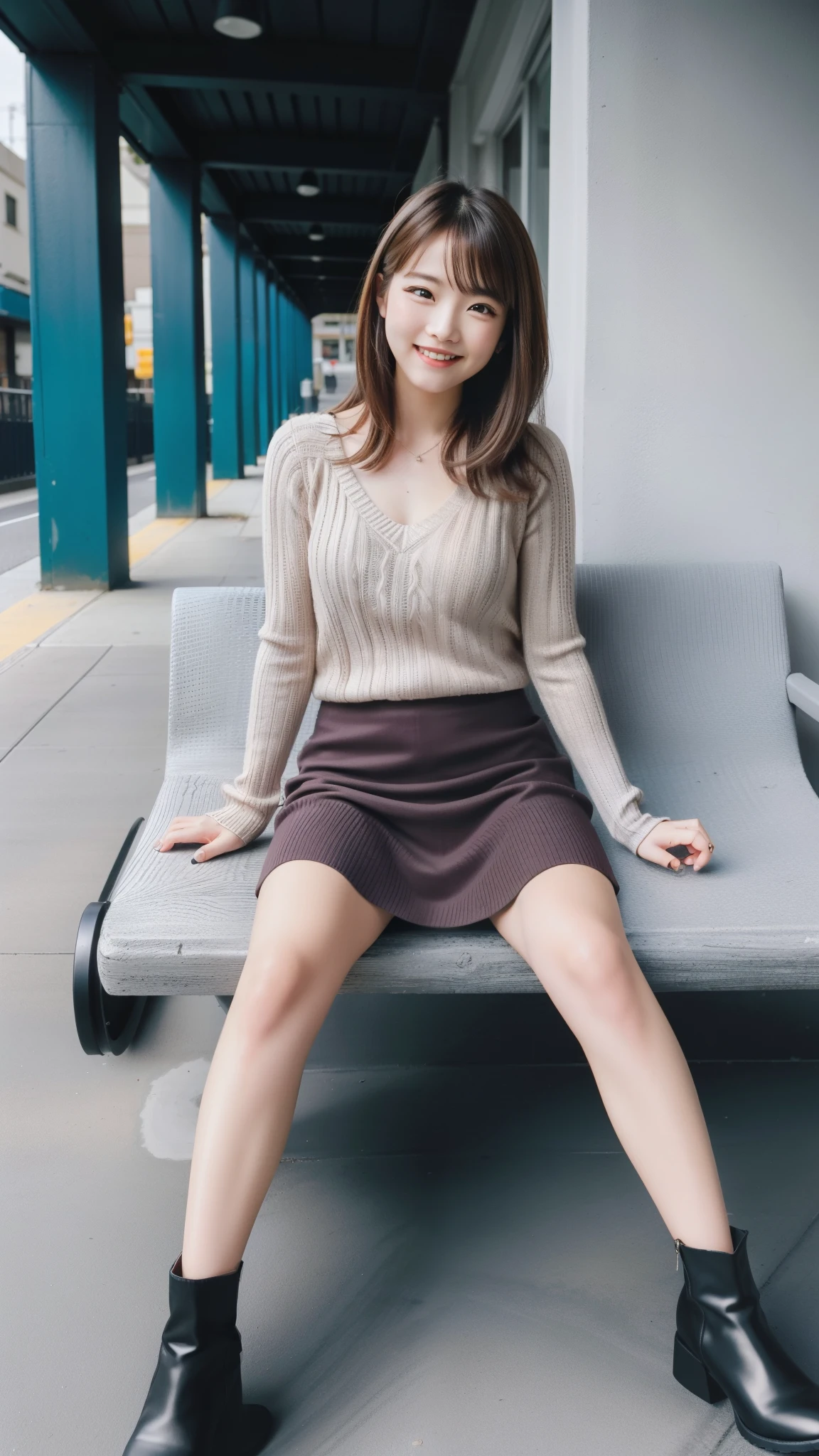 Photo taken by a professional photographer,laughter:1.5,Close-up of a woman squatting on the sidewalk, wearing a sweater, Short-cut brown hair, young and cute girl, Wearing a flared skirt,Wear stylish boots,sit on a park bench:1.5,Fancy makeup with red eyeshadow,