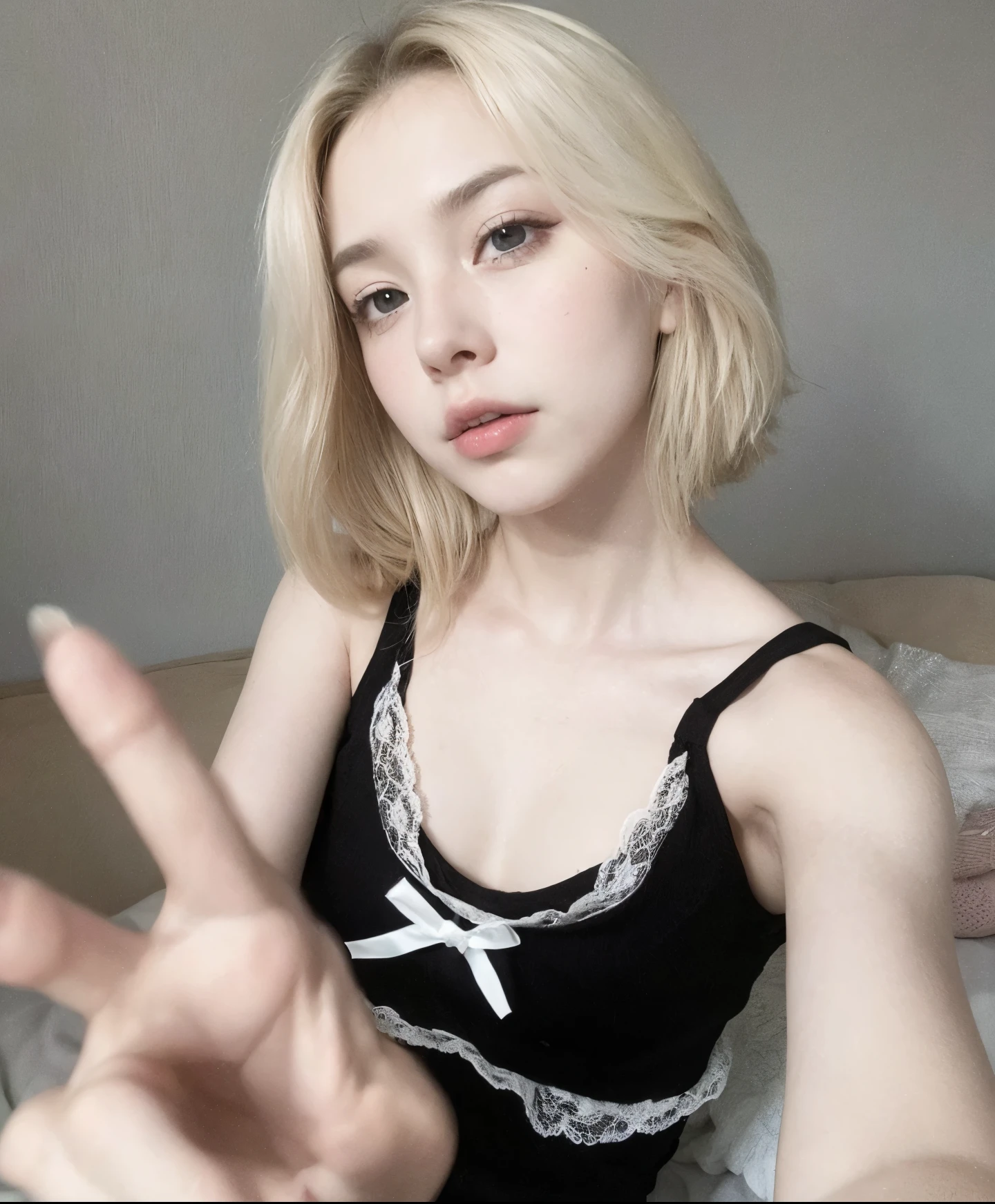 Lisa in a black blouse making a sign with her hand, goth girl, inspirado em Lisa do Black pink, estilo sexy, cabelo curto loiro