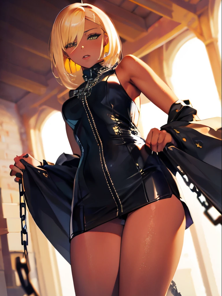 a 20 yo woman、a blond、bustup、a miniskirt、The tattoo、gargantilha、chains、srestrained、teats、(hi-top fade:1.3)、A slender、Open your crotch、dark themed、Muted Tones、Subdued Color、highly contrast、(natural skin textures、Hyper-Realism、Soft light、sharp)