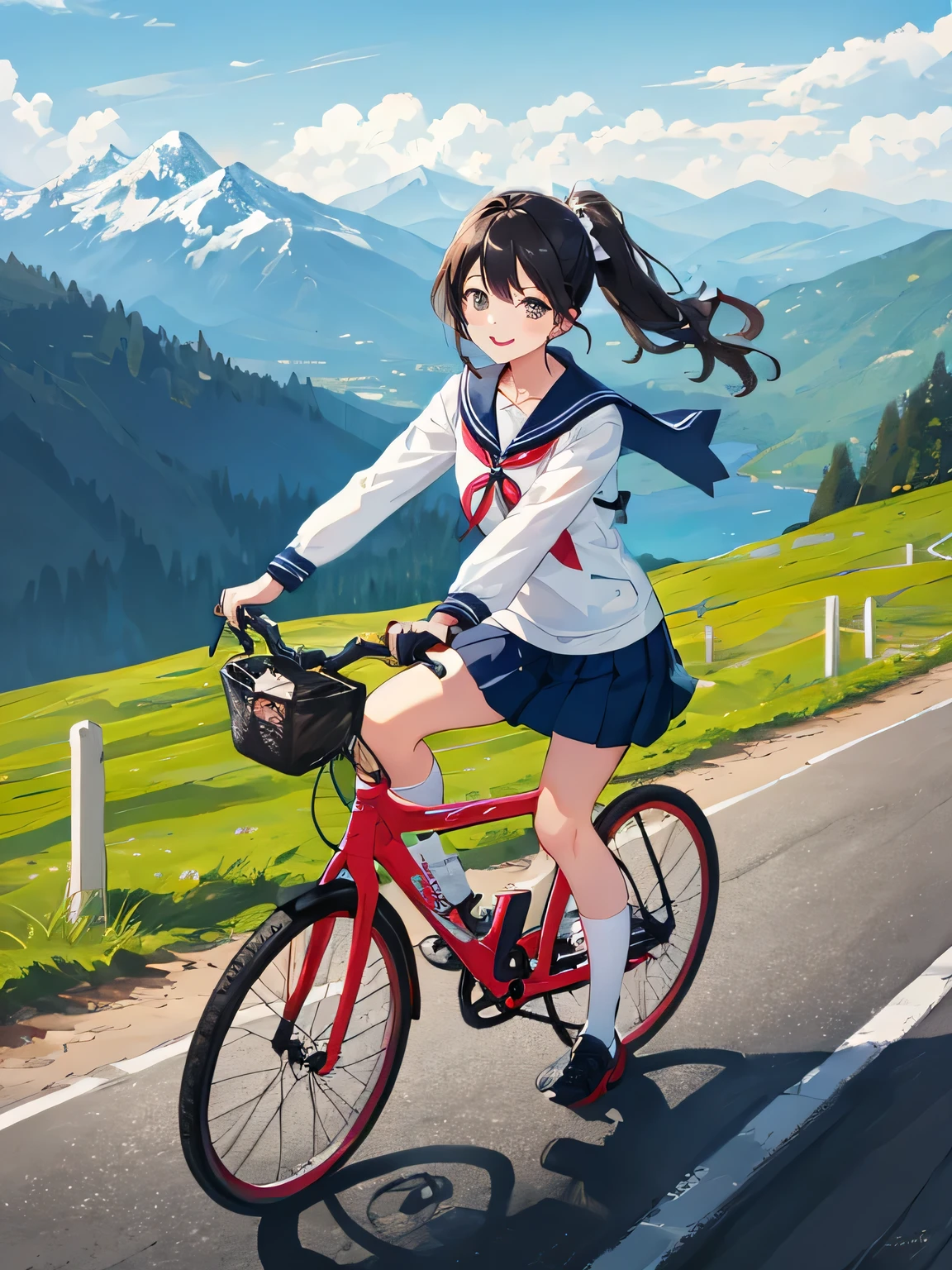 highest quality、High resolution、detailed background、beautiful and detailed face、beautiful and smooth skin、skin texture、professional lighting、Cute beautiful Iful Girl、Cute character wearing a sailor suit.、The costume is a uniform with a sailor collar and ribbon..、Cute Ponytail、 sleeveless、knee high socks、pleated mini skirt、Ride through the mountains on a road bike、
A road bike that can ride smoothly on slopes and mountain roads, Ideal for mountainous landscapes。.。mountain with nice view々Enjoy the natural beauty of valleys and canyons.。smile