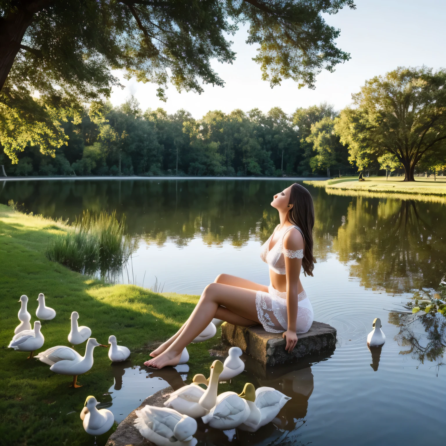 a photorealistic brightly lit full body view from her feet to her head and looking up from the ground of a stunningly beautiful young girl sitting by a lake full of ducks, and dressed in white lace underwear 