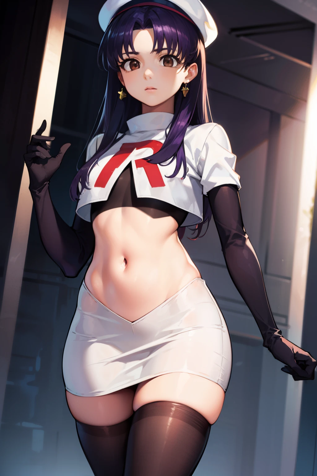misatokatsuragi, misato katsuragi, long hair, (brown eyes:1.5), blue hair, (purple hair:1.2),
BREAK hat, jewelry, earrings, beret, red headwear, team rocket,team rocket uniform,white skirt,crop top,black thigh-highs,black elbow gloves
BREAK looking at viewer, (cowboy shot:1.5),
BREAK (masterpiece:1.2), best quality, high resolution, unity 8k wallpaper, (illustration:0.8), (beautiful detailed eyes:1.6), extremely detailed face, perfect lighting, extremely detailed CG, (perfect hands, perfect anatomy),