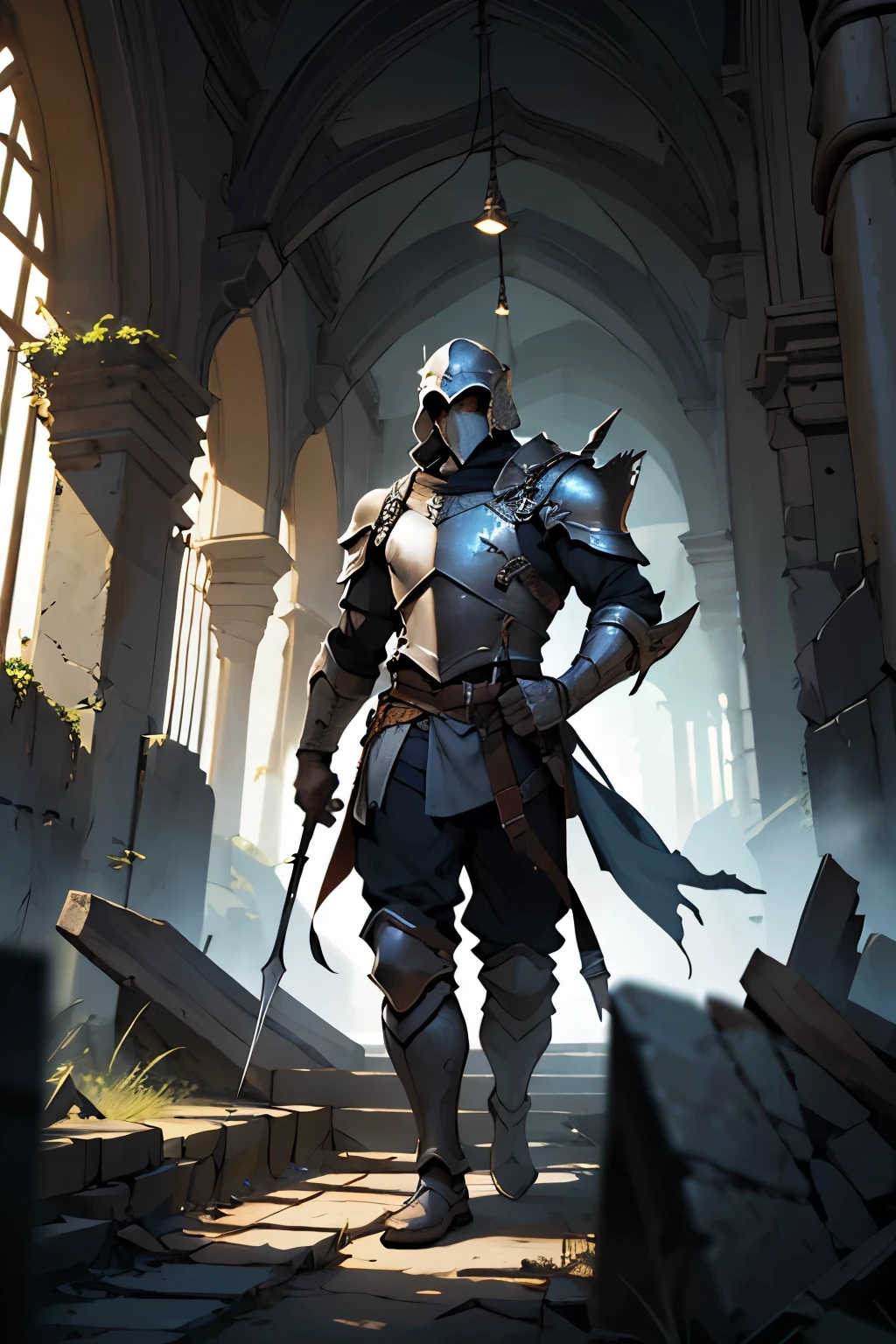 Desenhe um guerreiro, ele com sua armadura, cercado de ruinas, with dramatic lighting