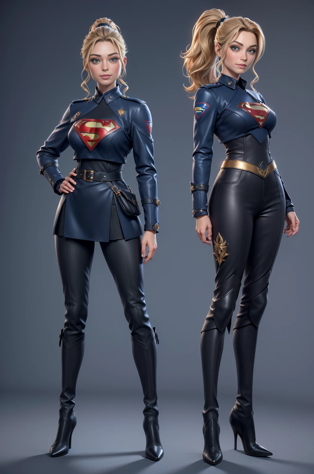 (((full body photo))) Style 3DMM,(шедевр, premier quality, beste-Qualit, longs cheveux bruns, Realstic, 1fille, Kristin Kreuk with a ponytail and green eyes, beste-Qualit, intricate high detail, Regarder le spectateur, ultra realistic 8k cg, Image de visage parfaite, impeccable, propre, Art professionnel, famous artwork, film lighting, Film Bloom, visage parfait, beau visage, Beaux yeux, Supergirl blue police uniform in many courts, Design affine, avec la lettre S de Superman sur la poitrine, gold trim, Boutons en laiton, double sein, Gorge haute , ceinture  et or, Gants en cuir , Insigne de police, ceinture utilitaire avec poches, menotte, munitions, Pantalon bleu, Bottes en cuir , Golden details,