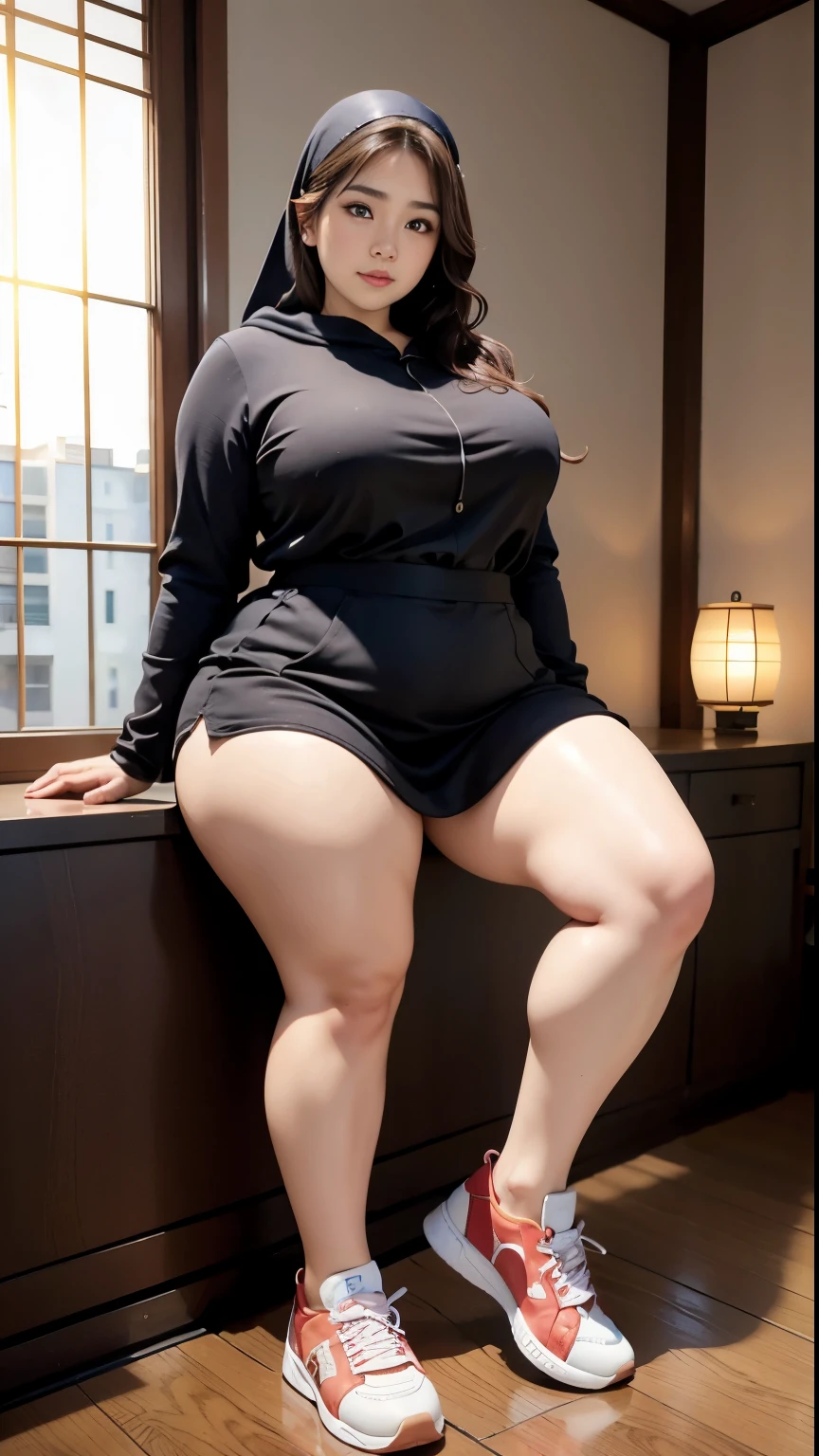 there is a woman sitting down with a longest brown hair, bbwchan, thicc, brown hijab outfit, brown hairstyle model, korean girl, korean woman, wearing brown robe, full length shot, alluring plus sized model, japanese goddess, clothed in hooded, voluptuous and arousing, portrait shot, curvy model, voluptuous body, wonderful, nene tanaka body , bbwchan, The overall atmosphere is smooth , haunting illustrations, extremely high-resolution details, photographic, realism pushed to extreme, fine texture, 4k, ultra-detailed, high quality, high contrast, red sneakers , cold atmosphere ,,