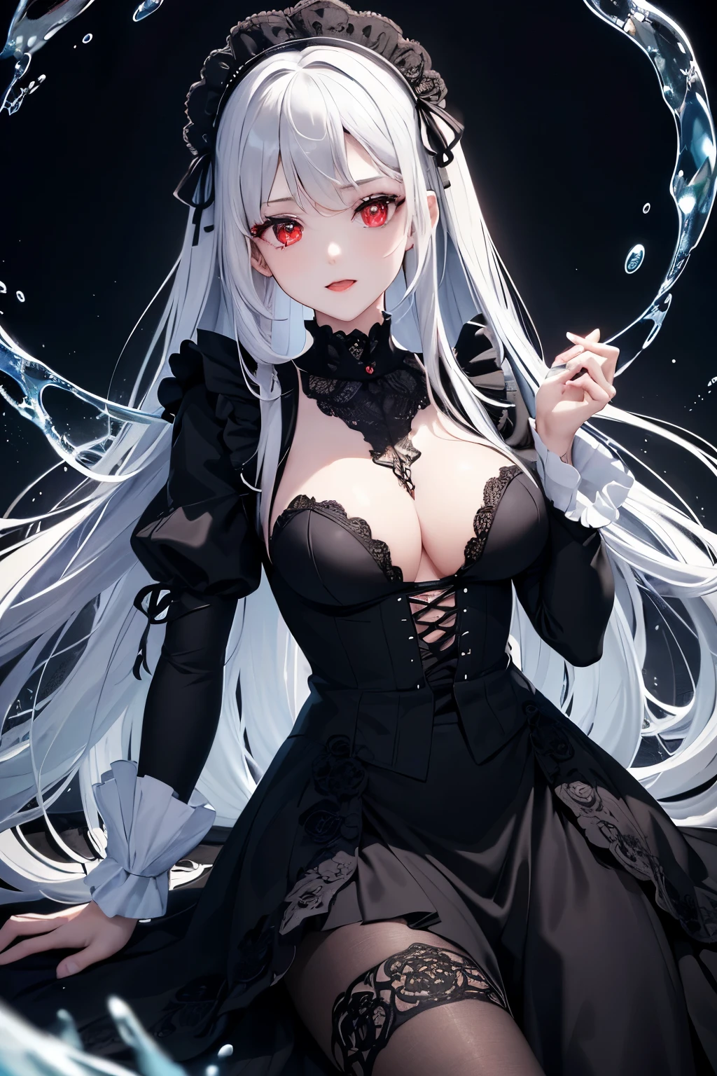 1girl,sense of deps,disorganized,catch light,Super beautiful illustrations,(water magic),((black color,long hairstyles:1.3)),dark dark eyeshadow,bright red lipstick,gothic ta,;D,beautiful and delicate hair,(((Delicate and detailed red eyes))),light blue shining light effect,light blue aura