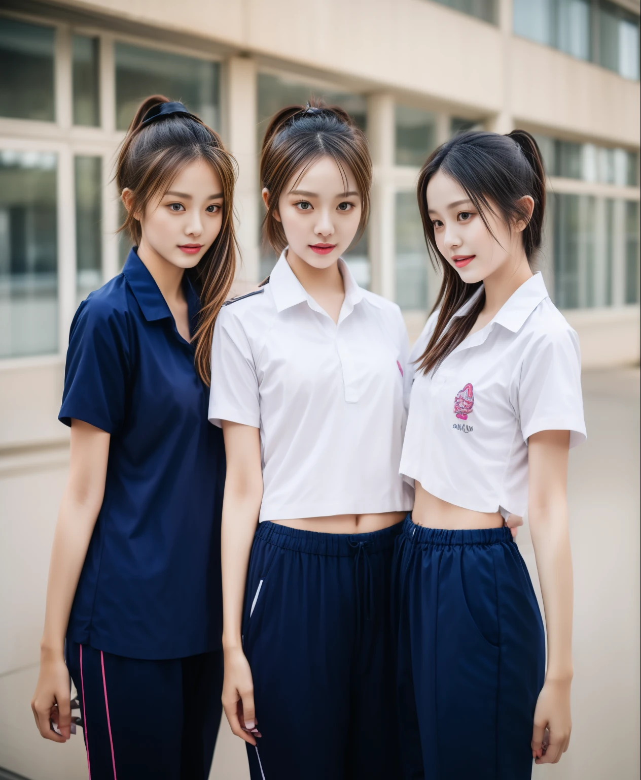 3 girls in fitness center, Navy blue short-sleeved shirt,Navy Long Trackpant,Sweatpants, Sweatpantsขายาว,25 year old girl, lesbian, sexy, exercise clothes, wet body, exercise clothes