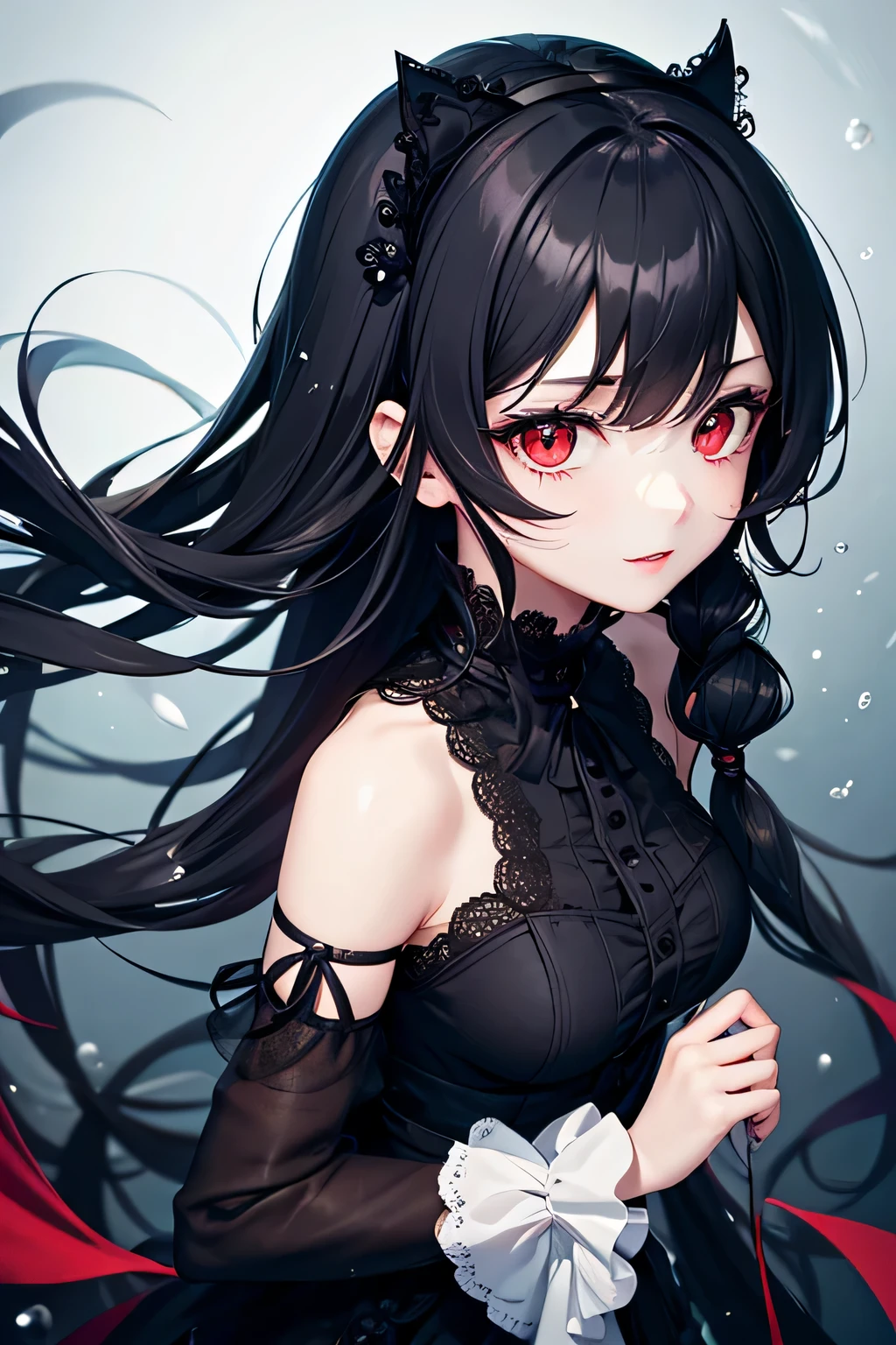 1 girl,Depp's Sense,confused,catch light,Super beautiful illustration,(water magic),((black color,long hairstyles:1.3)),dark dark eyeshadow,bright red lipstick,Gothic Lolita,;d,beautiful and delicate hair,(((delicate and detailed red eyes))),light blue light effect,light blue aura
