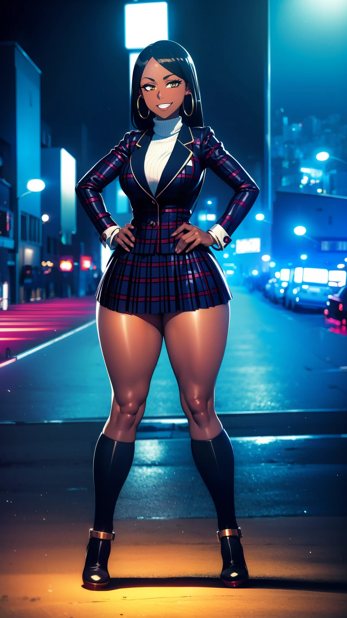 4K Quality, (big smile), hands on hips, grinning, sexy pose, (long black plaid skirts), standing up, dark skinned, (thick thighs), big breasted, big ass, (bottom heavy), looking at viewer, braided hair, amber eyes, night time, bedroom eyes, (full body), ((city background)), (perfect face), (perfect body), (perfect eyes), full lips, ((hoop earrings)), (bottom heavy), (light particles)