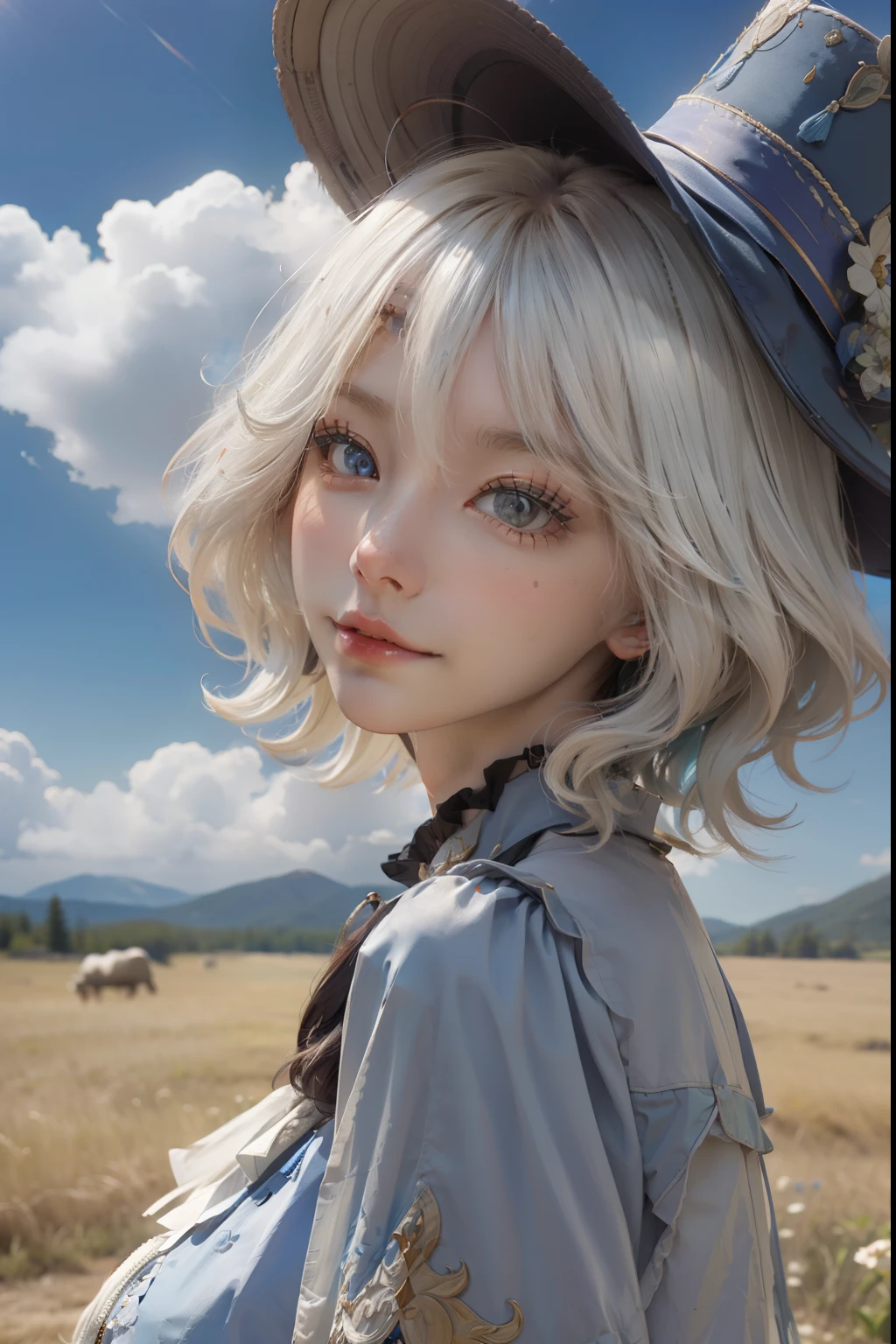 《Genshin Impact》walnuts, White background, cute pose, prairie, Beautiful woman in a sun hat standing on the prairie, large clouds, blue sky, Luca, forest, hillside, secluded, tourist attractions, High definition details, Ultra-detailed, Normal, Surrealism, soft light, Deep field focus bokeh, Ray tracing and Surrealism. --v6,white hair