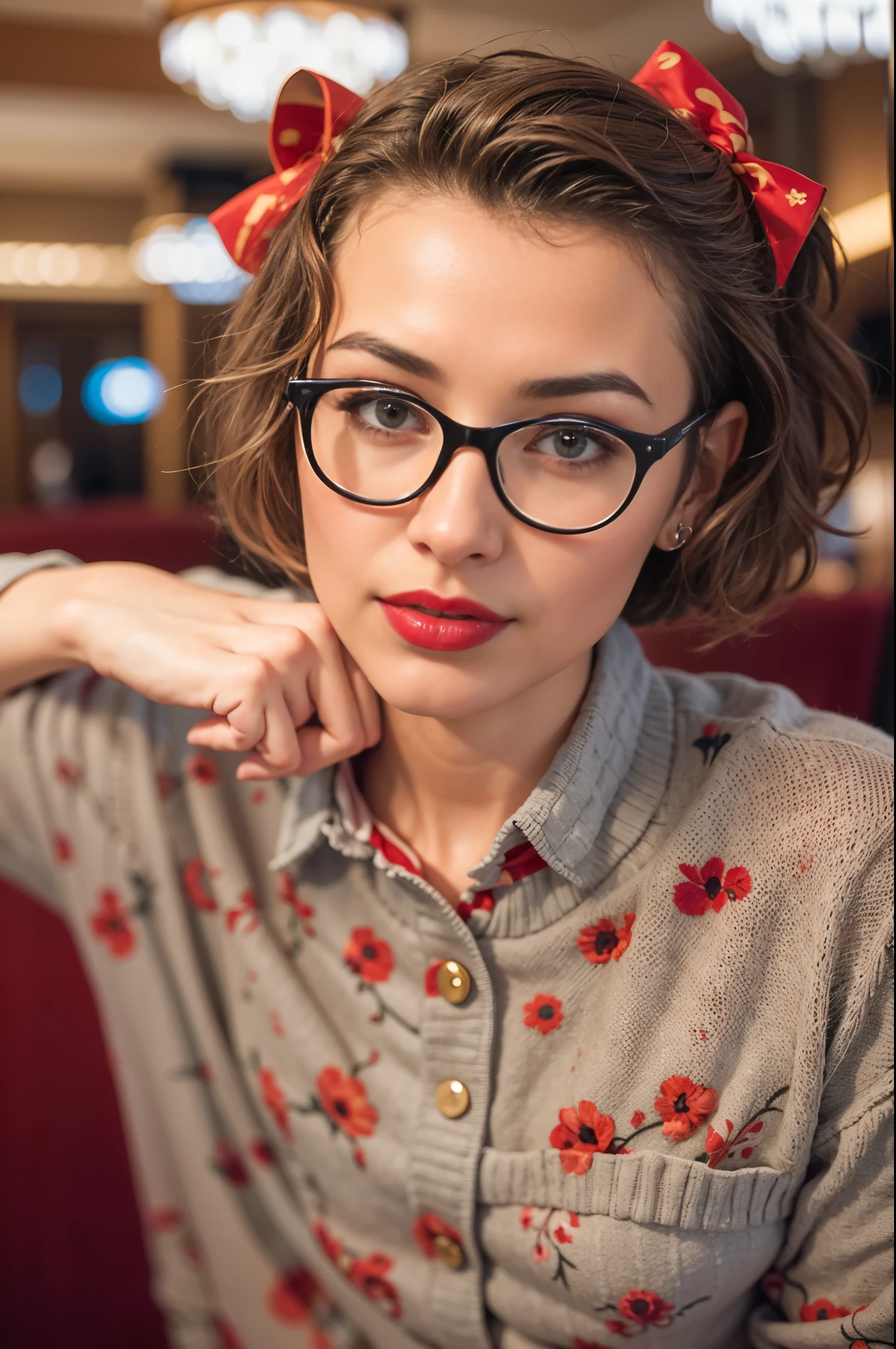 A photo of a young, nerdy woman sitting in a hotel lobby, wearing a random shirt and a bow, surrounded by a cozy atmosphere, looking at the viewer.
short hair, slender, red lips, transparent fabric, flirting with the camera, closeups cleavage, adult photo
