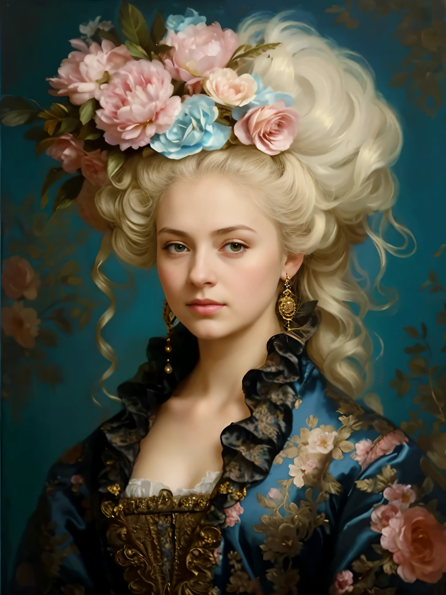 Painting of a woman with a flower crown on her head, in a beautiful dress, Portrait in the Rococo style, Portrait in the Rococo style, Baroque hair, baroque digital painting, Natalie Shaw, Tom Bagshaw, Rococo Queen, inspired by Jean-Marc Natier, Expressionist neo-rococo style, baroque portrait, rococo art, inspired by Jean-Baptiste van Loo, baroque portrait painting