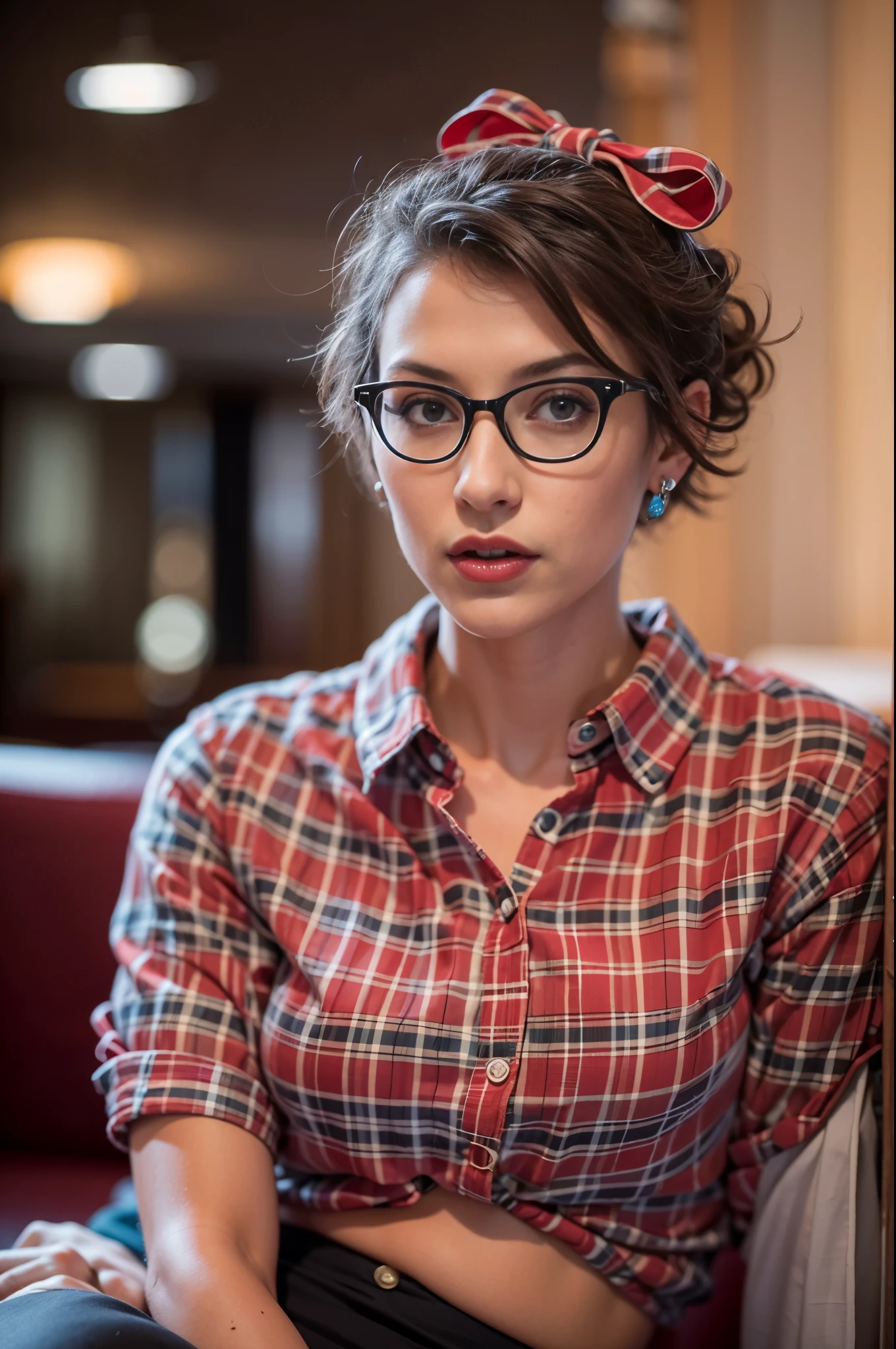 A photo of a young, nerdy woman sitting in a hotel lobby, wearing a random shirt and a bow, surrounded by a cozy atmosphere, looking at the viewer.
short hair, slender, red lips, transparent fabric, flirting with the camera, closeups cleavage, adult photo 