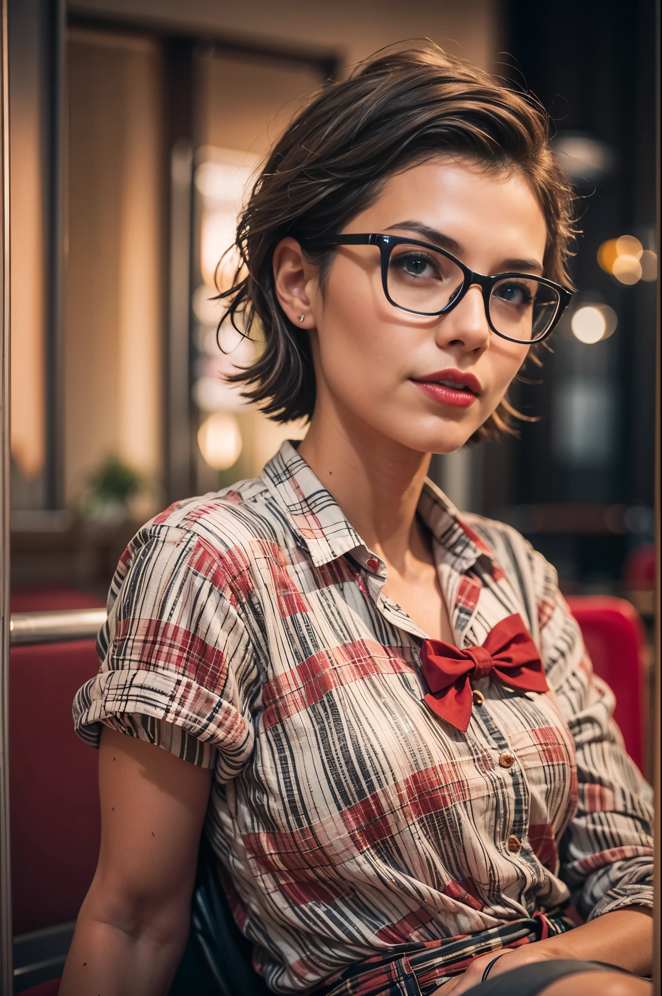 A photo of a young, nerdy woman sitting in a hotel lobby, wearing a random shirt and a bow, surrounded by a cozy atmosphere, looking at the viewer.
short hair, slender, red lips, transparent fabric, flirting with the camera, closeups cleavage, adult photo 
