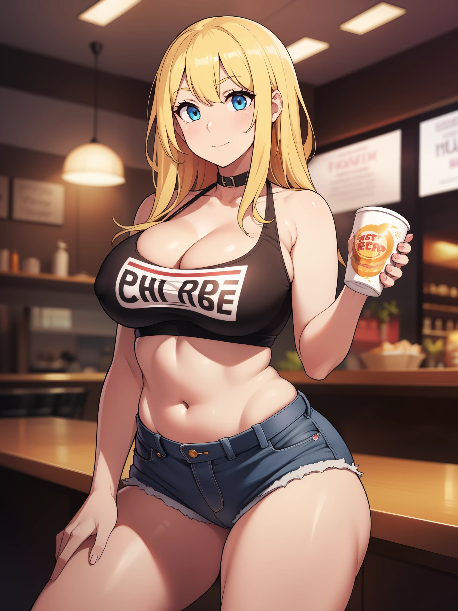 ((highres)), Masterpiece, high quality, best quality, beautiful, perfect lighting, detailed face, ultra cute face, ((1 girl)), ((solo)), one girl has blonde hair, blue eyes, crop top and shorts, skindentation, fast food restaurant, medium breasts, cleavage, perky breasts, ((wide hips)), ((thick thighs)),