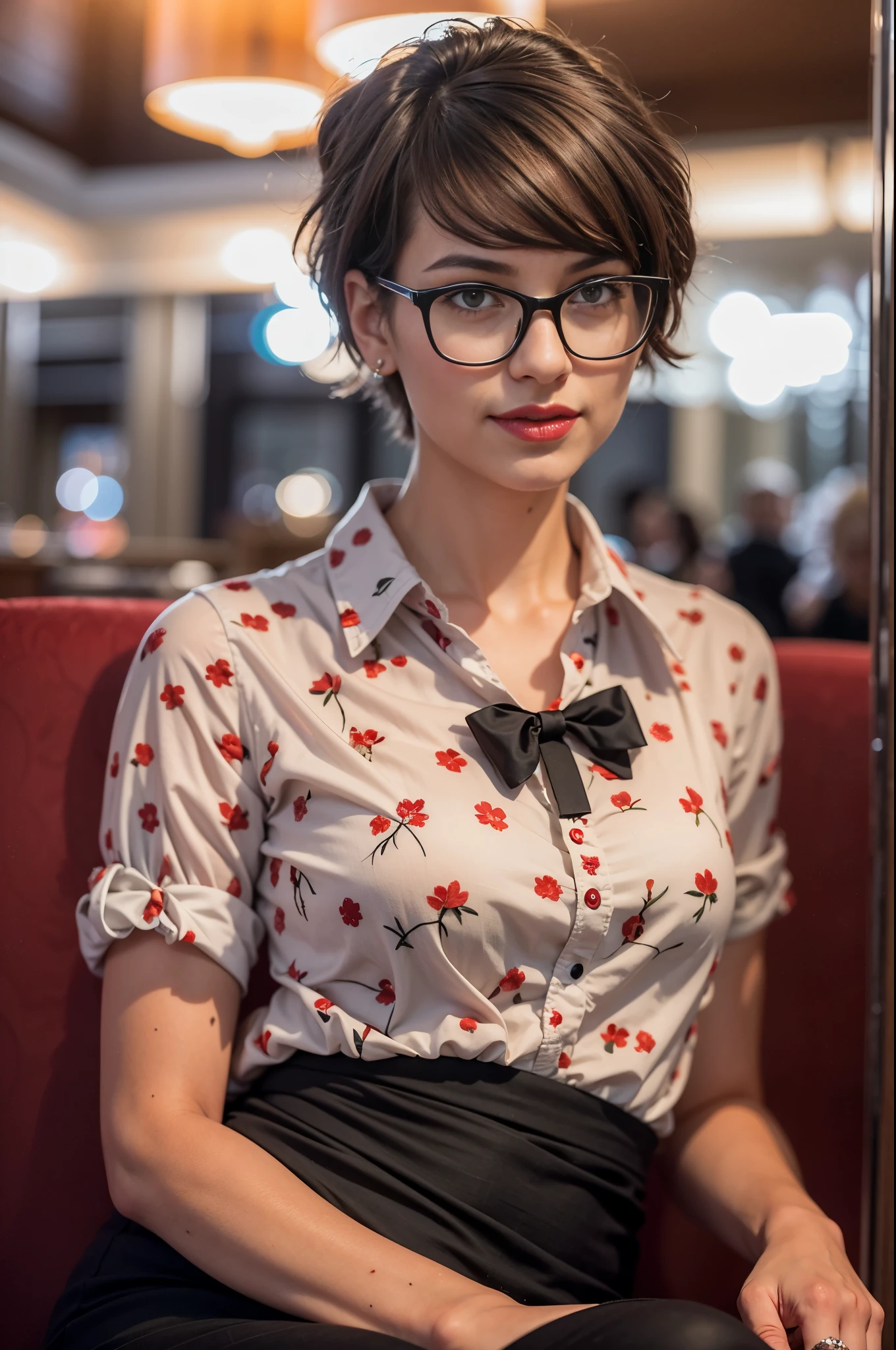 A photo of a young, nerdy woman sitting in a hotel lobby, wearing a random shirt and a bow, surrounded by a cozy atmosphere, looking at the viewer.
short hair, slender, red lips, transparent fabric, flirting with the camera, closeups cleavage, adult photo 