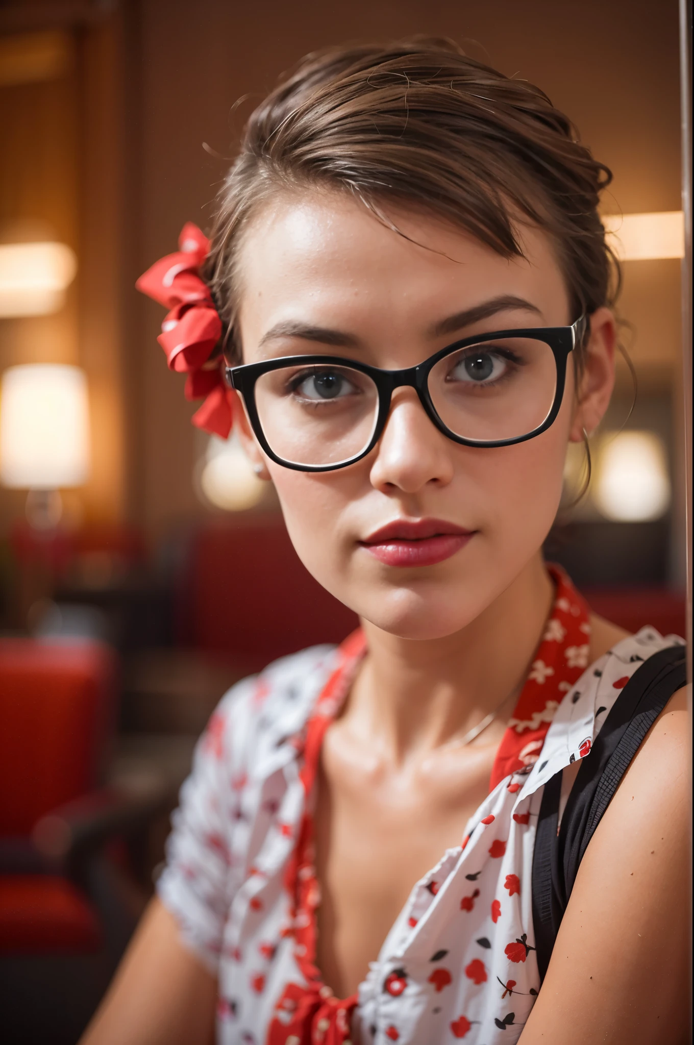 A photo of a young, nerdy woman sitting in a hotel lobby, wearing a random shirt and a bow, surrounded by a cozy atmosphere, looking at the viewer.
short hair, slender, red lips, transparent fabric, flirting with the camera, closeups cleavage, adult photo