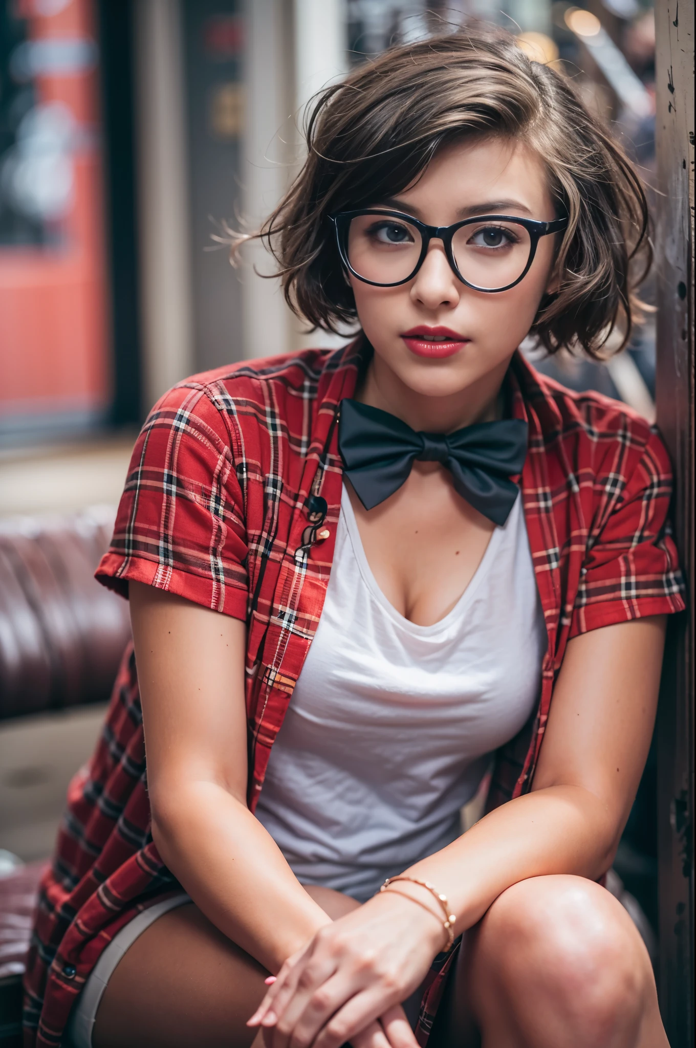A photo of a young, nerdy woman sitting in random places, wearing a random shirt and a bow, surrounded by a cozy atmosphere, looking at the viewer.
short hair, slender, red lips, transparent fabric, flirting with the camera, closeups cleavage, adult photo 