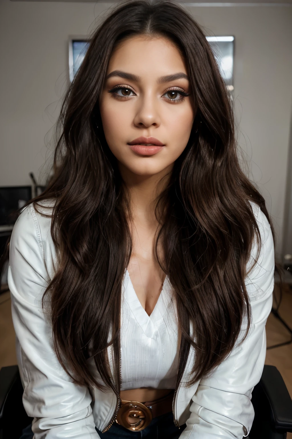 "Generate a digital portrait of a stunning Latina brunette with delicate features, eyes sparkling with intelligence, and natural long wavy hair framing a face radiating grace, locks, wavy, highlights, wavy. Capture the warmth of her personality, (wear white shirt and black leather jacket)",ttv, face like kylie jenner, red lipstick, brown eyes, (Looking straight at camera), ((face straight towards the camera)), (big lips), (BIG lips), (Looking straight at camera), (makeup:1.4), (Intricate Detail, Hyper-Detailed:1.1), (makeup:1.4), (in audio studio)