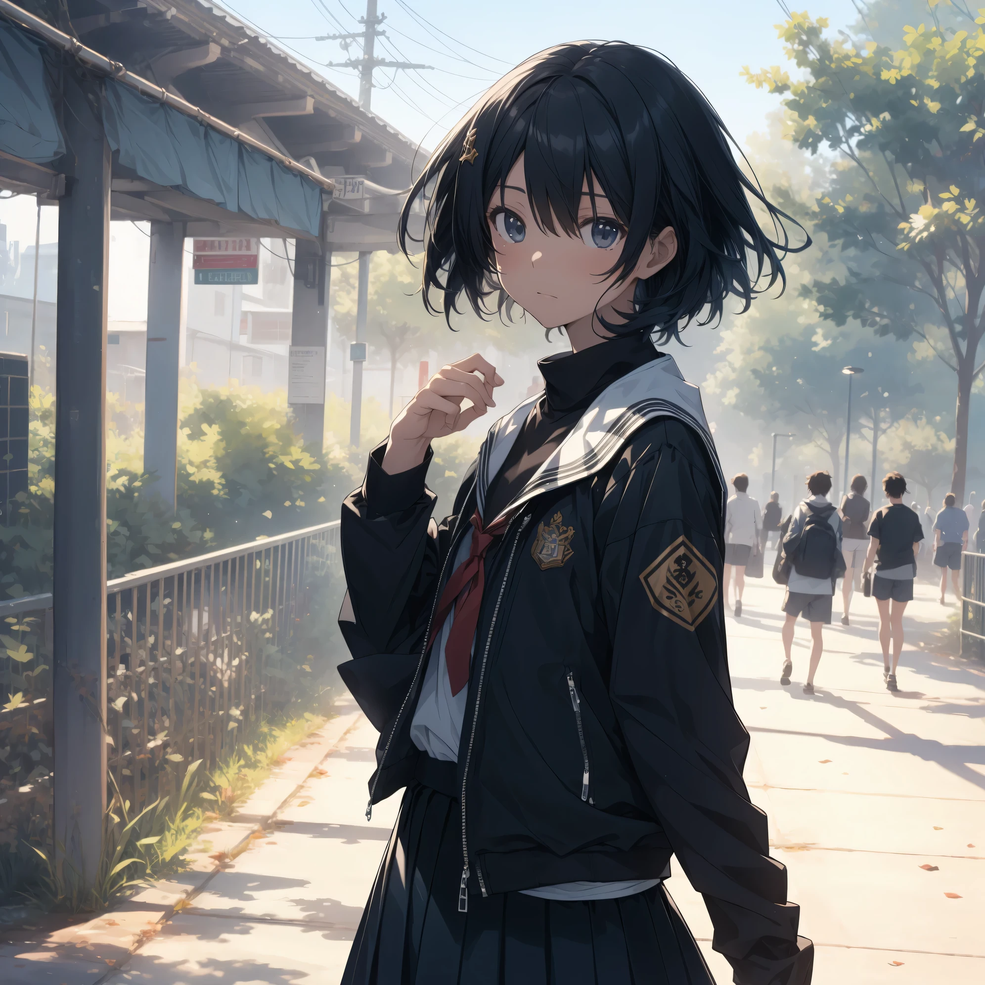 Super high quality by the art god, super detailed, High resolution, Shinkai Makoto style, anime moe art style, best anime 8K konachan wallpaper, pixiv contest winner, perfect anatomy, break,(眠そうにalone学校へ行く女の子を描いてください. ),break, 1 girl, (alone,little woman, lolita, , 13 years old:1.3),All limbs, full finger,, The charm of an immature body, (very short hair), flat chest, Because I&#39;m slender, small ass, between legs, Small black eyes, beautiful and fine eyes, Well-proportioned iris and pupils, expressive eyes, High resolutionの詳細な髪, wearing school uniform, (skirt),(detailed lighting), (detailed background), On the way to school. break,super dense skin, Best lighting by famous artists, 8K, figure,UHD, rough skin